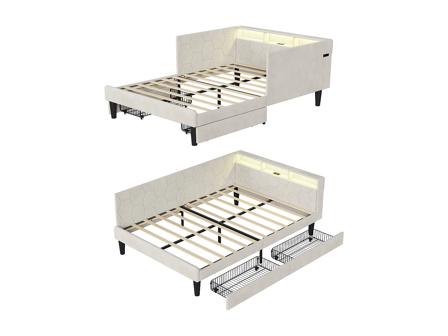 Cama de casal multifuncional 140 x 200 cm com 2 gavetas, iluminação LED e portas USB, veludo, bege.