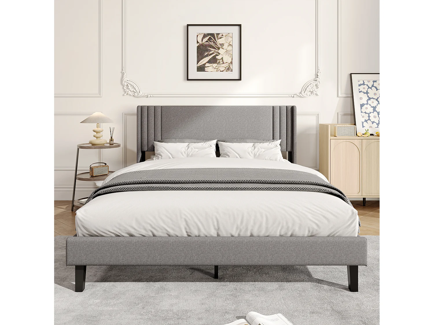 Lit Capitonné 140 x 200 cm, Cadre de Lits avec Sommier à Lattes et Tête Capitonnée, Lin, Gris