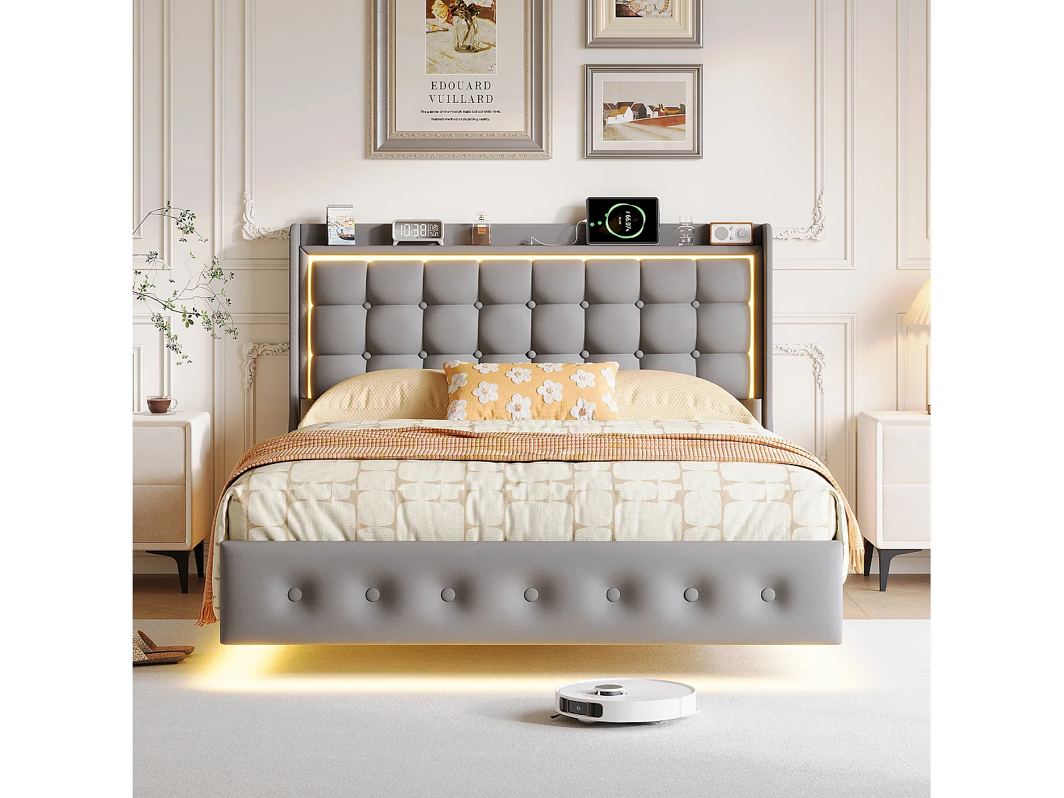 Cama doble, estructura de cama de 140 x 200 cm, estructura flotante con LED y puertos USB, cabecero acolchado, gris.
