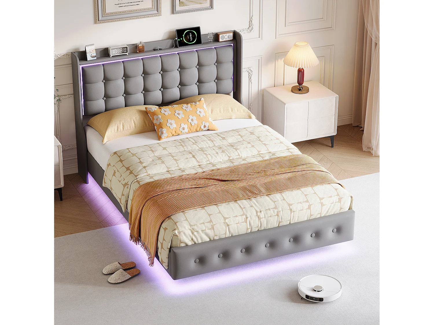 Cama doble, estructura de cama de 140 x 200 cm, estructura flotante con LED y puertos USB, cabecero acolchado, gris.