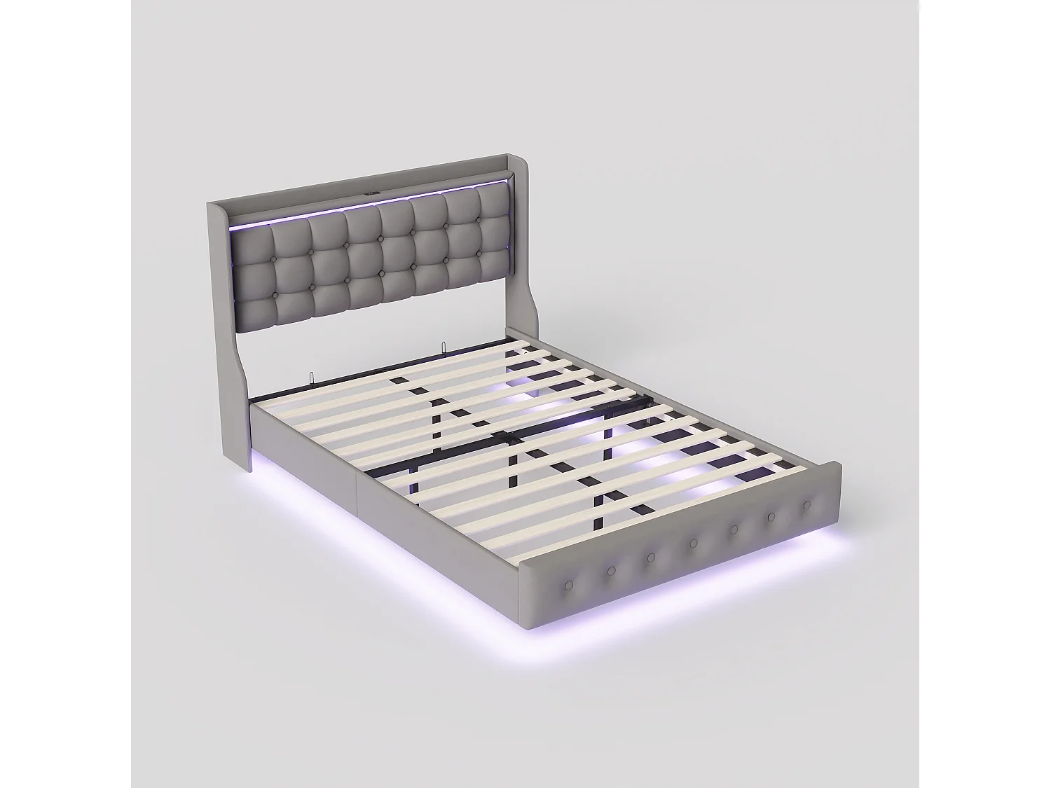 Cama doble, estructura de cama de 140 x 200 cm, estructura flotante con LED y puertos USB, cabecero acolchado, gris.