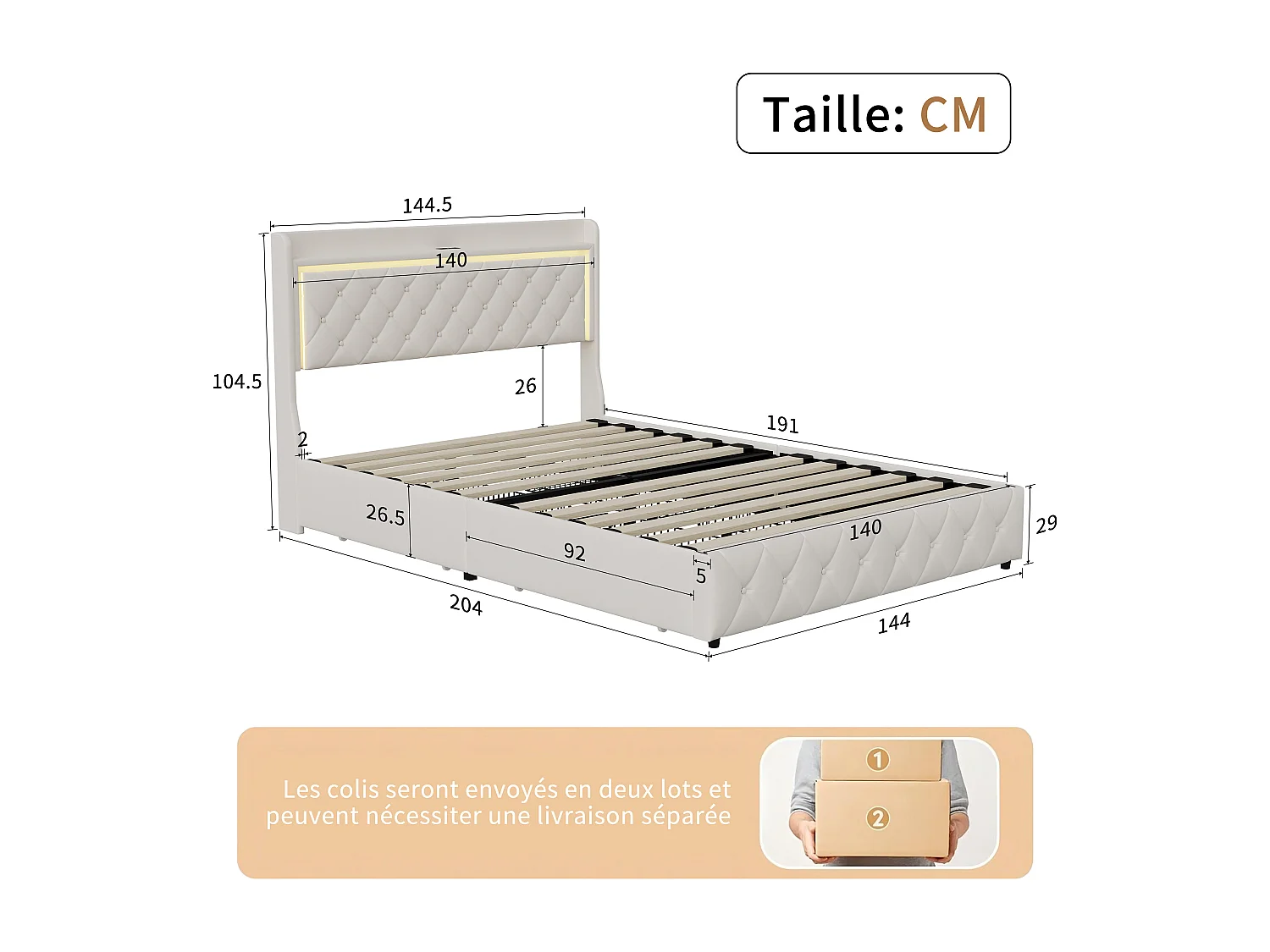 Lit 140x190 cm avec LED, ports USB, 2 tiroirs et tête de lit à rangement, sommier inclus,beige