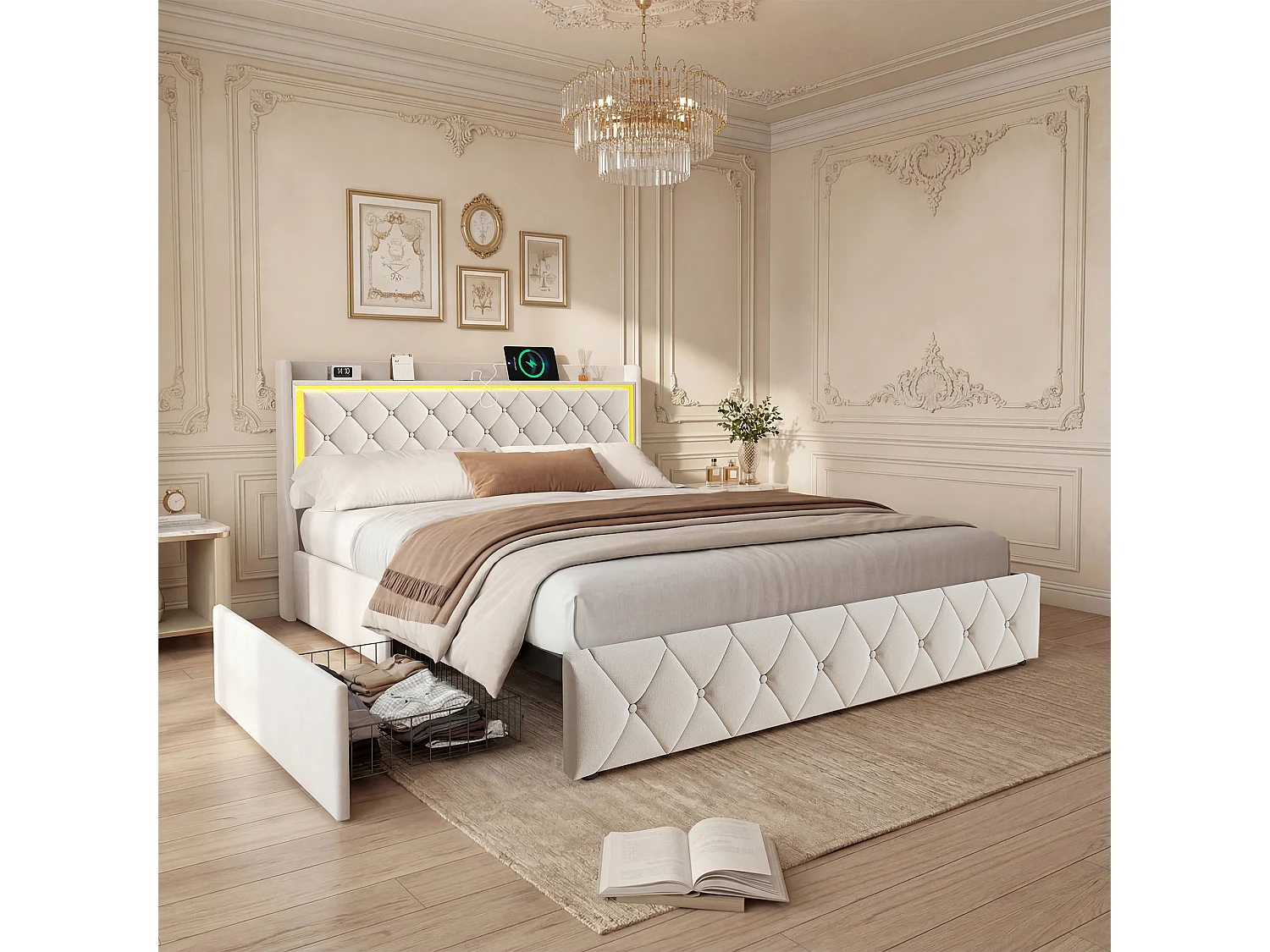 Lit 140x190 cm avec LED, ports USB, 2 tiroirs et tête de lit à rangement, sommier inclus,beige
