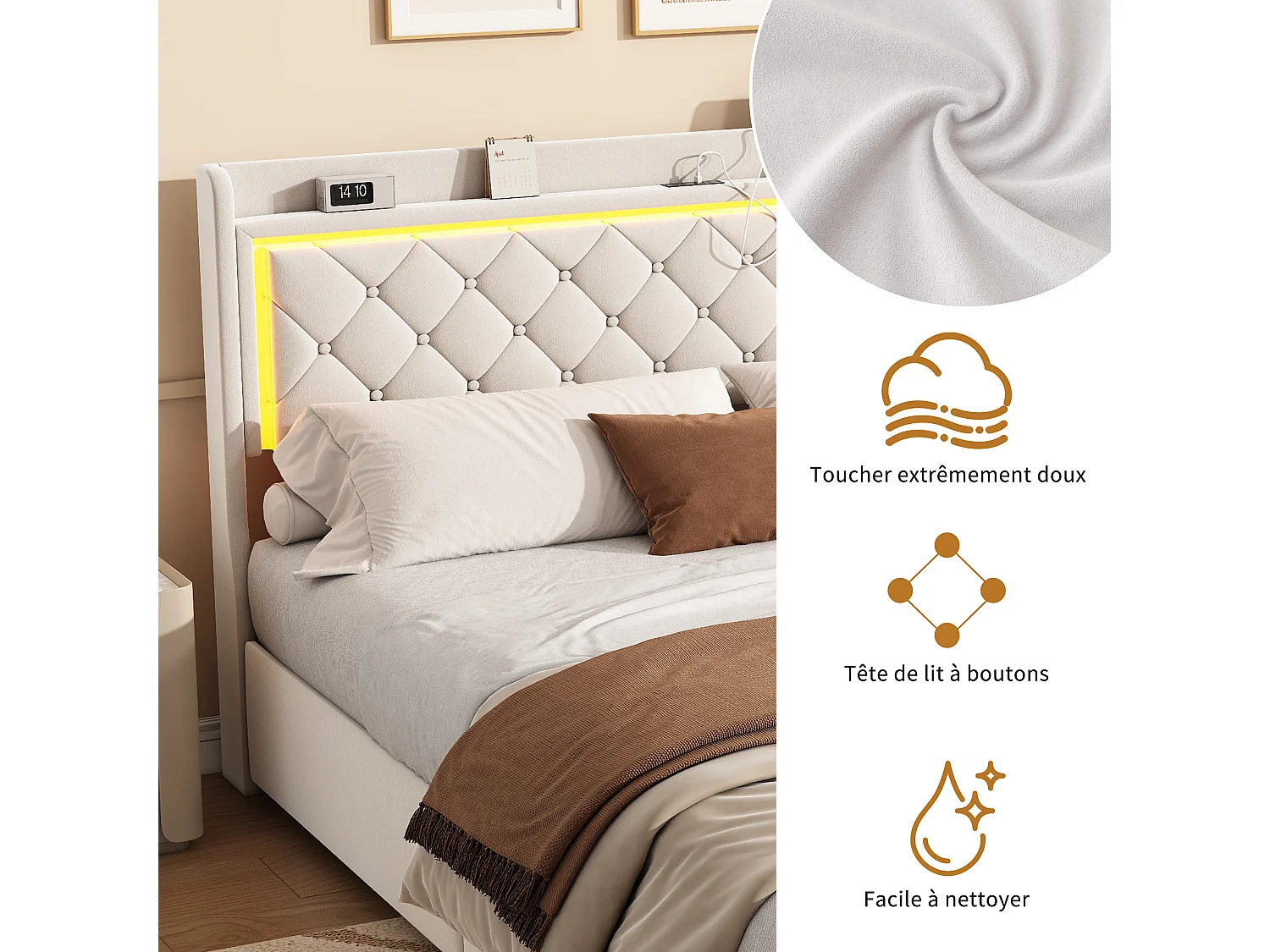 Lit 140x190 cm avec LED, ports USB, 2 tiroirs et tête de lit à rangement, sommier inclus,beige