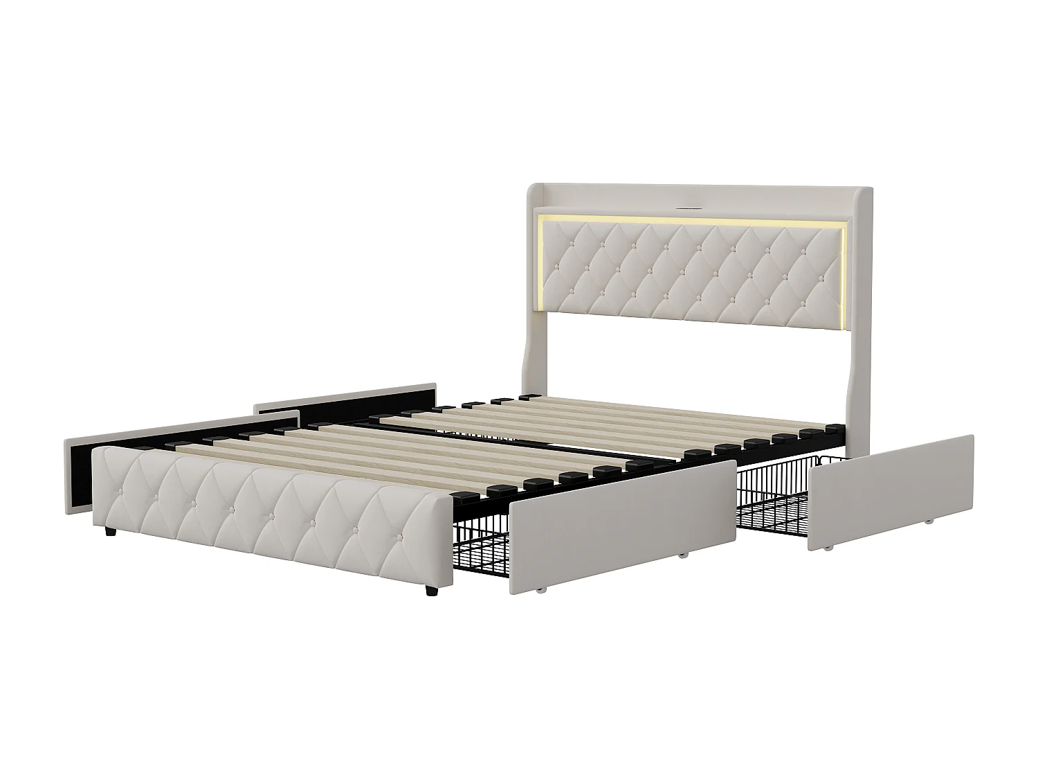 Lit 140x190 cm avec LED, ports USB, 2 tiroirs et tête de lit à rangement, sommier inclus,beige
