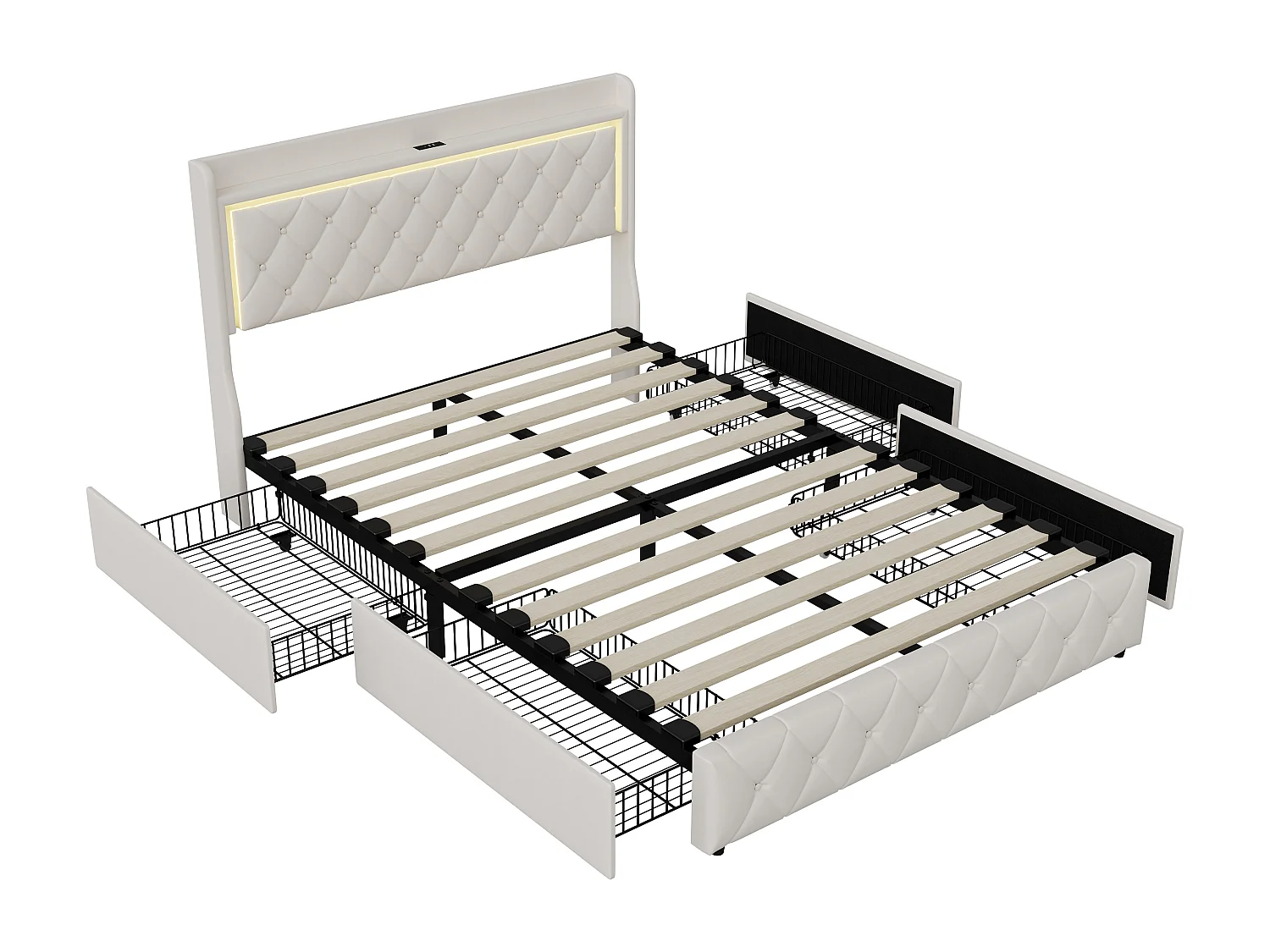 Lit 140x190 cm avec LED, ports USB, 2 tiroirs et tête de lit à rangement, sommier inclus,beige