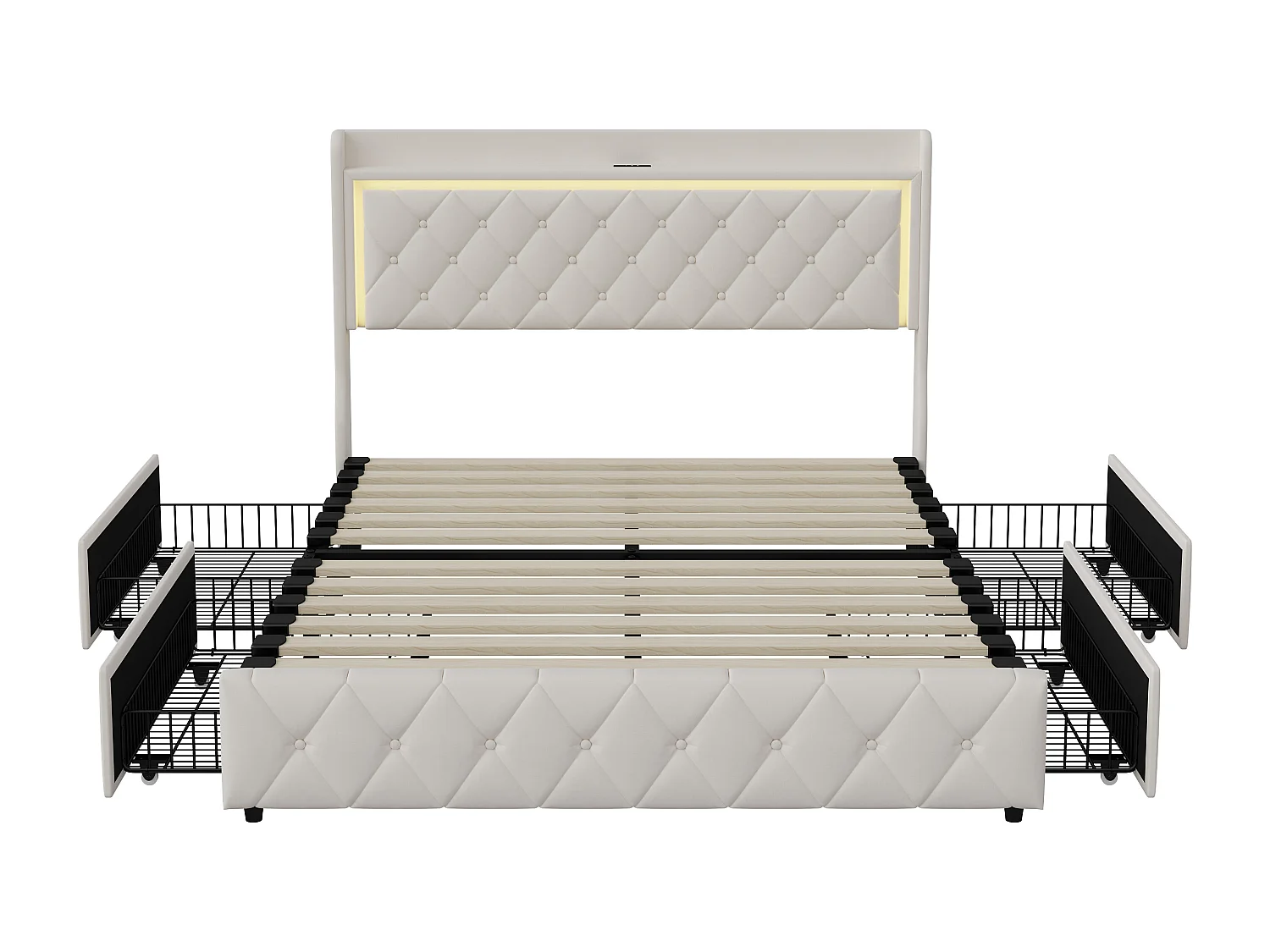 Lit 140x190 cm avec LED, ports USB, 2 tiroirs et tête de lit à rangement, sommier inclus,beige