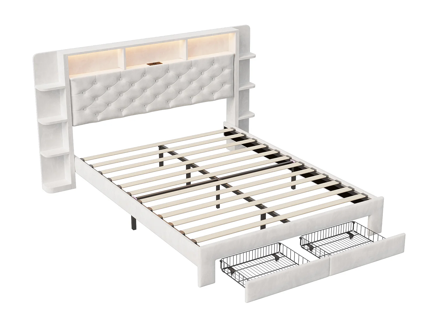 Cama de 140 x 200 cm con somier de láminas, cama doble con 2 cajones, cabecero con LED y puerto de carga USB, terciopelo, color blanco.
