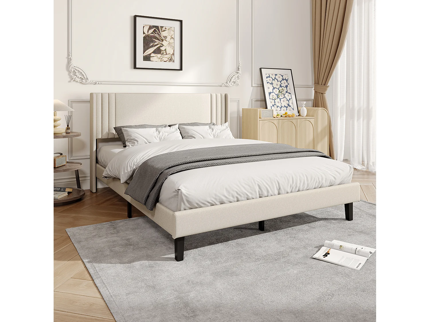 Lit Capitonné 160 x 200 cm, Cadre de Lits avec Sommier à Lattes et Tête Capitonnée, Lin, Beige