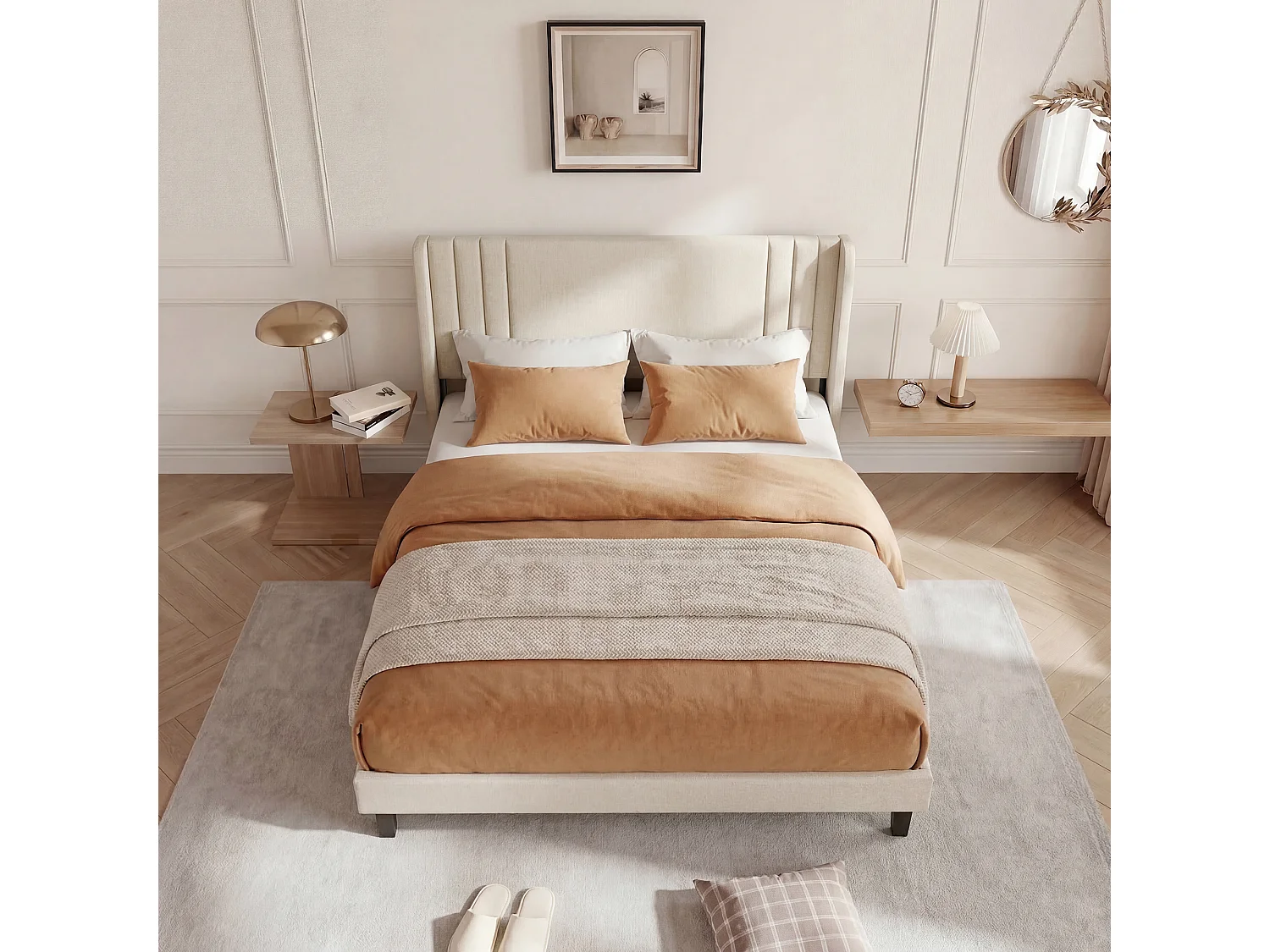 Lit Capitonné 160 x 200 cm, Cadre de Lits avec Sommier à Lattes et Tête Capitonnée, Lin, Beige