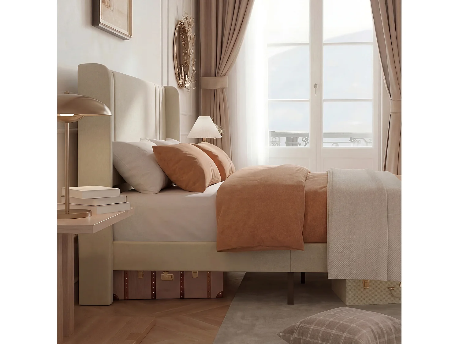 Lit Capitonné 160 x 200 cm, Cadre de Lits avec Sommier à Lattes et Tête Capitonnée, Lin, Beige