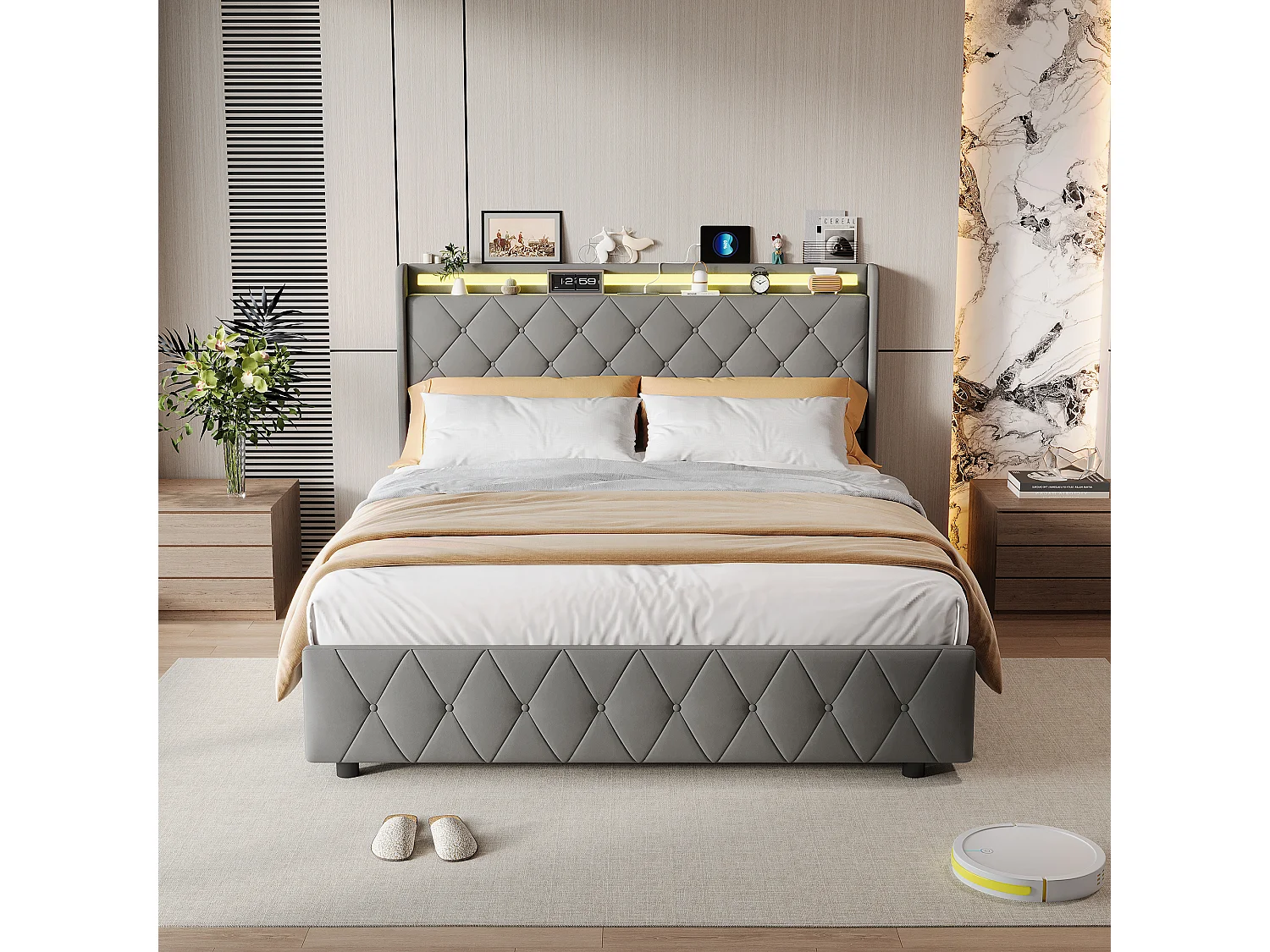Letto imbottito 160 x 200 cm con LED e USB-C – Letto matrimoniale con 4 cassetti contenitore, velluto, grigio