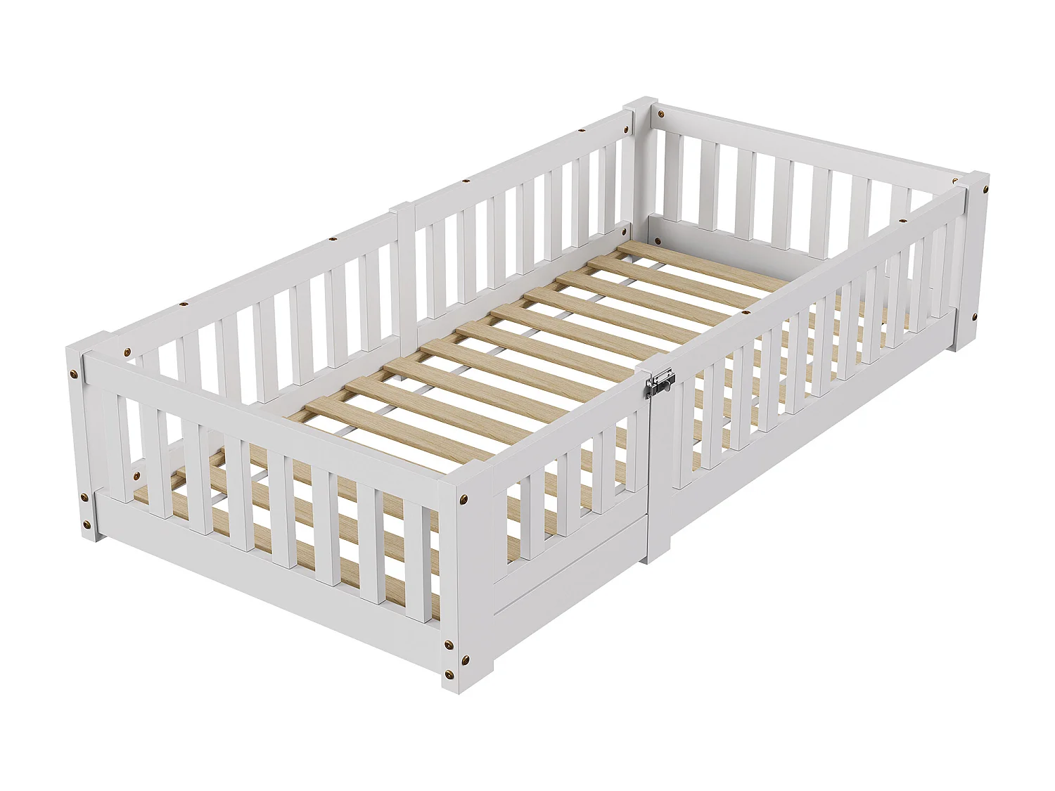 Lit Enfant 120 x 200 cm, avec Barrière de Sécurité et Sommier à Lattes,lit Montessori,Bois Massif Pin, Blanc