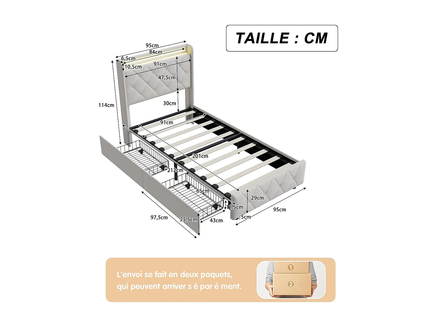 Cama de 90 x 200 cm con LED y USB, cama individual con 2 cajones, cabecero con espacio de almacenamiento, terciopelo, color beige.