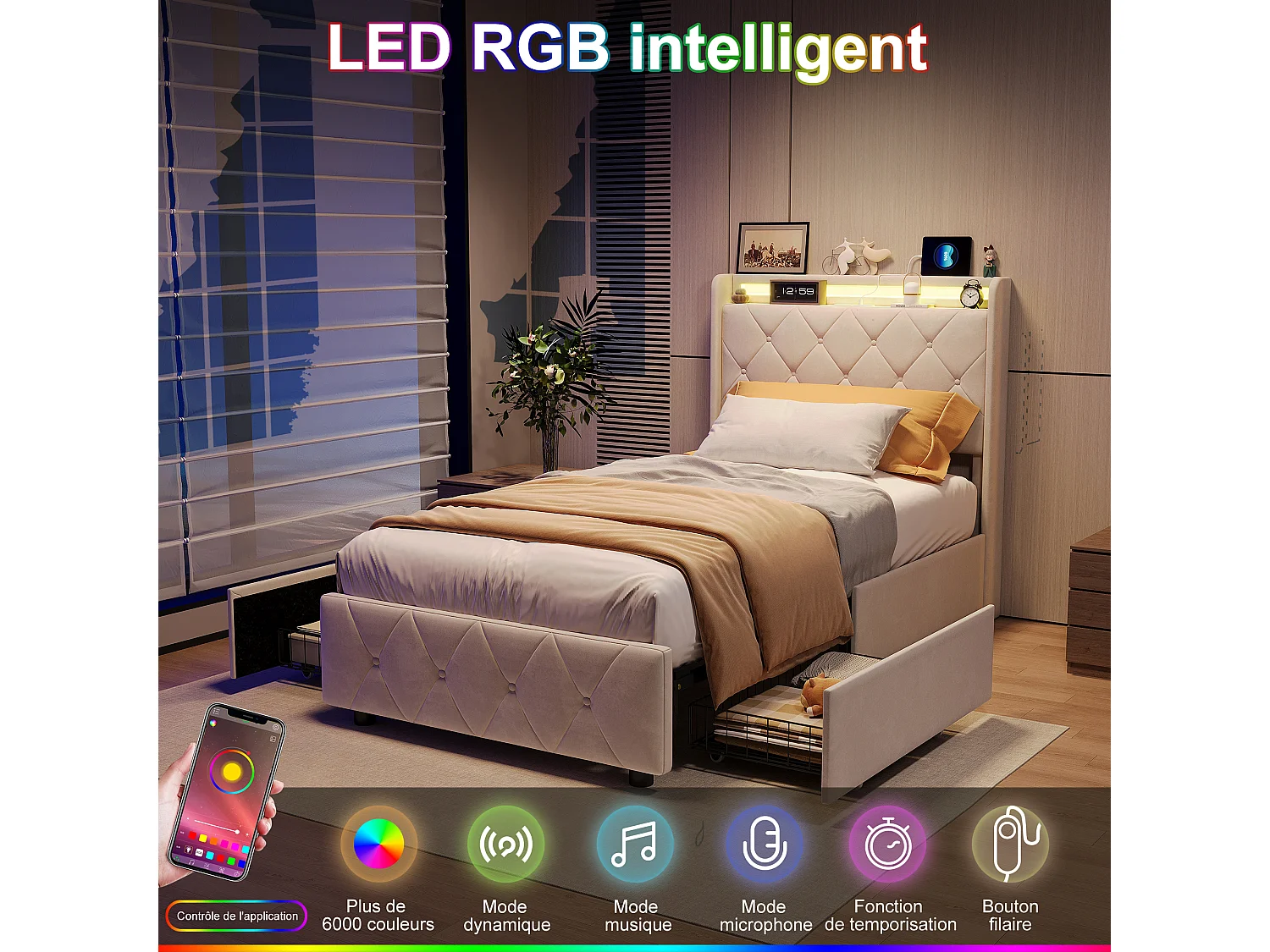 Cama de 90 x 200 cm con LED y USB, cama individual con 2 cajones, cabecero con espacio de almacenamiento, terciopelo, color beige.