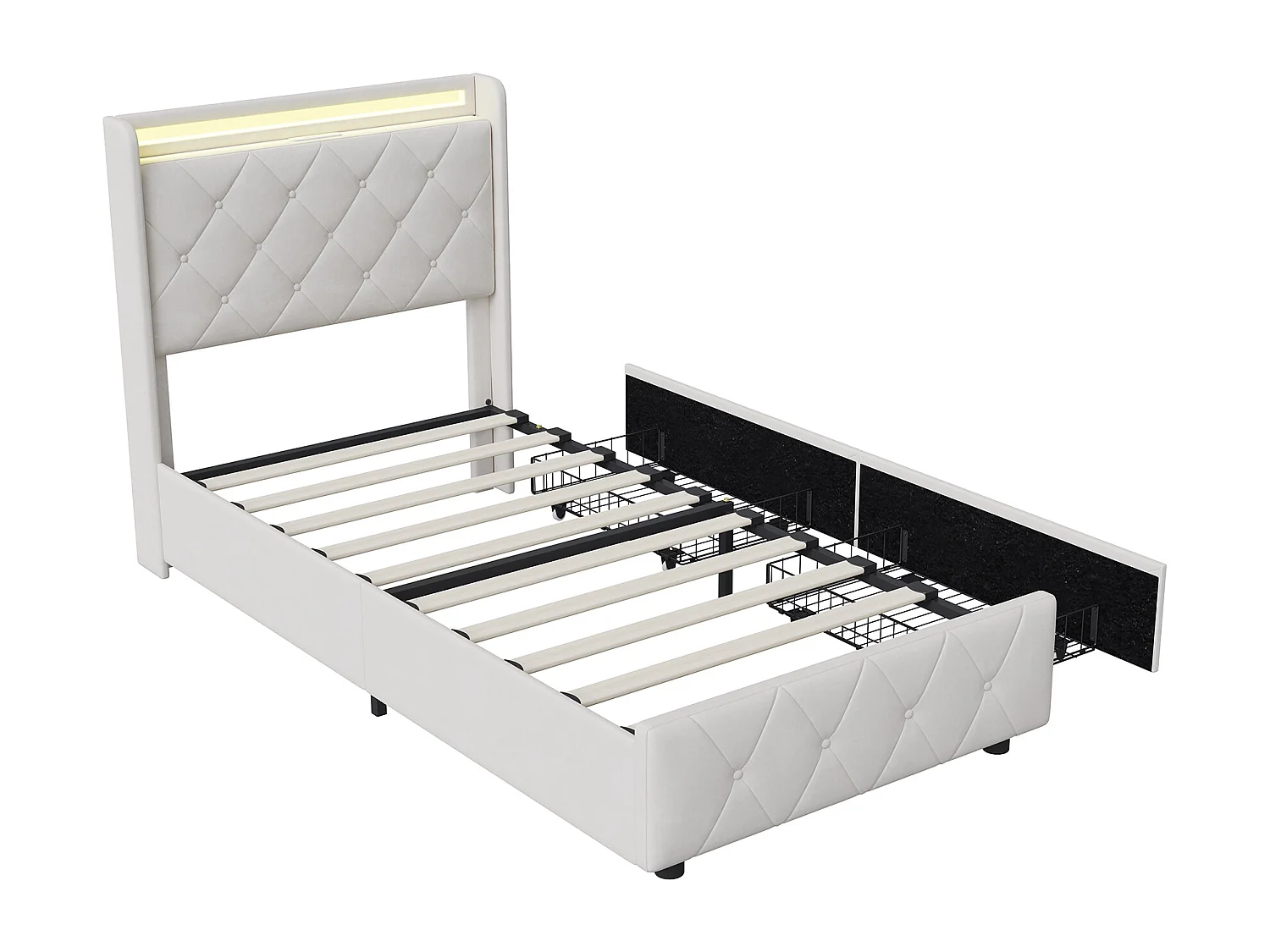 Cama de 90 x 200 cm con LED y USB, cama individual con 2 cajones, cabecero con espacio de almacenamiento, terciopelo, color beige.