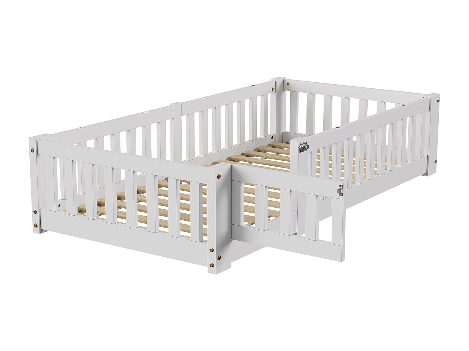 Lit Enfant 90 x 190 cm, avec Barrière de Sécurité et Sommier à Lattes,lit Montessori,Bois Massif Pin, Blanc