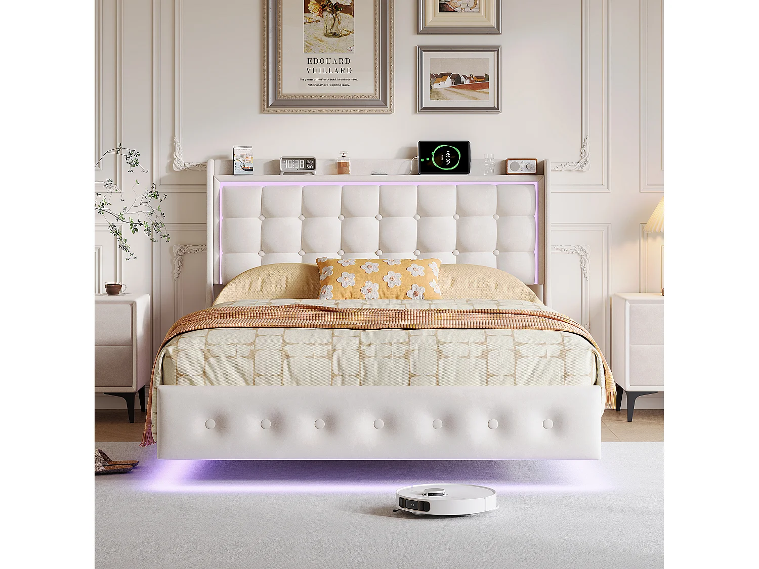 Cama doble, estructura de cama de 140 x 200 cm, estructura flotante con LED y puertos USB, cabecero acolchado, color blanco.