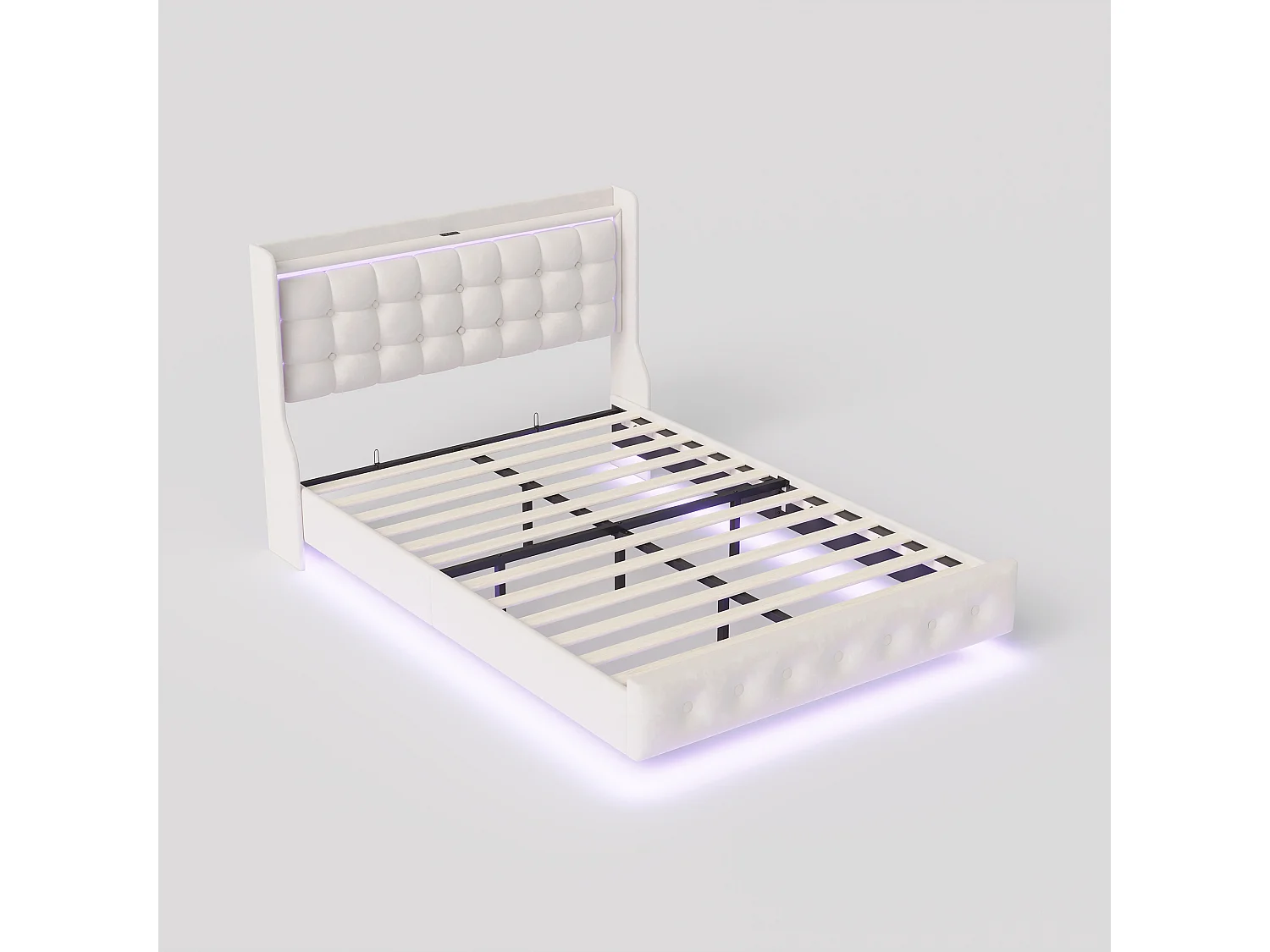Cama doble, estructura de cama de 140 x 200 cm, estructura flotante con LED y puertos USB, cabecero acolchado, color blanco.