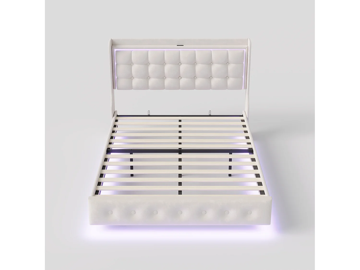 Cama doble, estructura de cama de 140 x 200 cm, estructura flotante con LED y puertos USB, cabecero acolchado, color blanco.