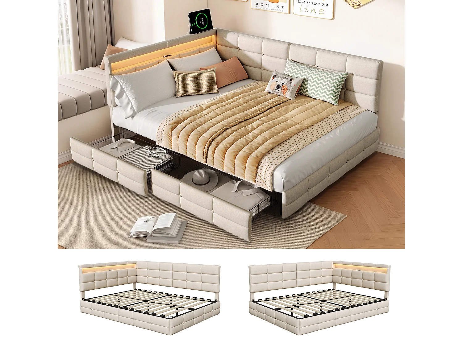 Lit 140 x 190 cm avec 2 tiroirs, Lit rembourré en L avec LED et USB, avec sommier à Lattes, Lin, Beige