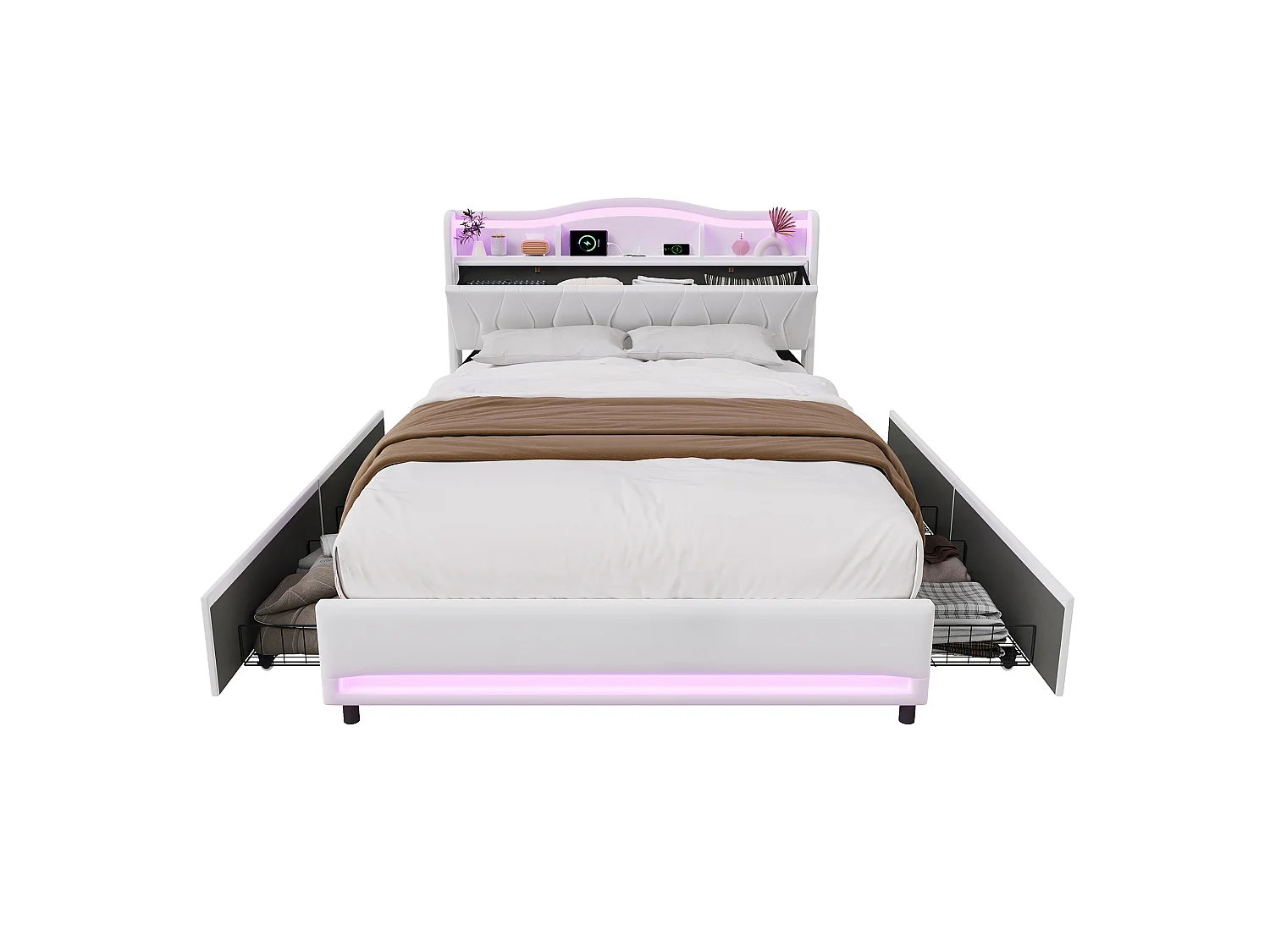 Lit Double 160 x 200 cm avec 4 Tiroirs, avec LED et Ports USB, Sommier à Lattes, Velours, Beige