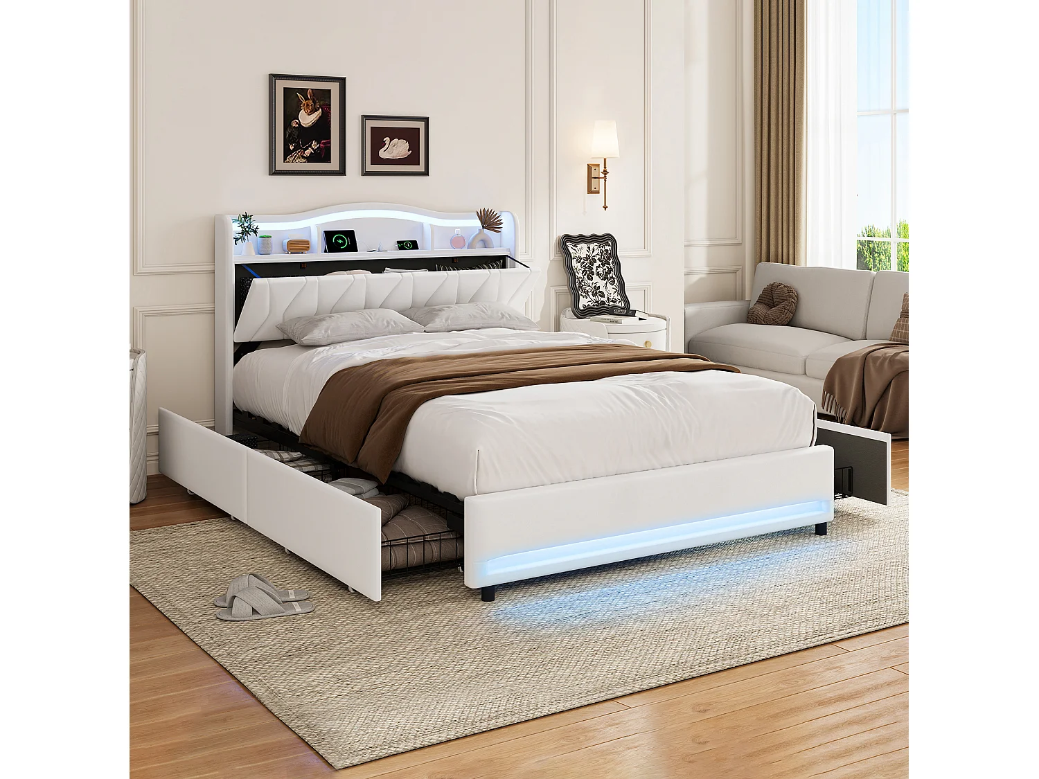 Lit Double 160 x 200 cm avec 4 Tiroirs, avec LED et Ports USB, Sommier à Lattes, Velours, Beige