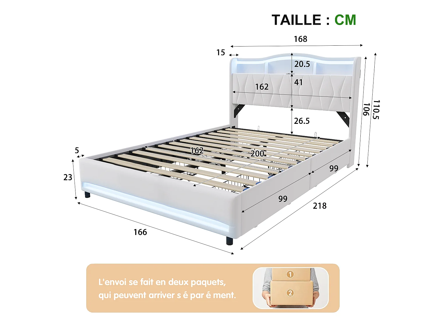 Lit Double 160 x 200 cm avec 4 Tiroirs, avec LED et Ports USB, Sommier à Lattes, Velours, Beige