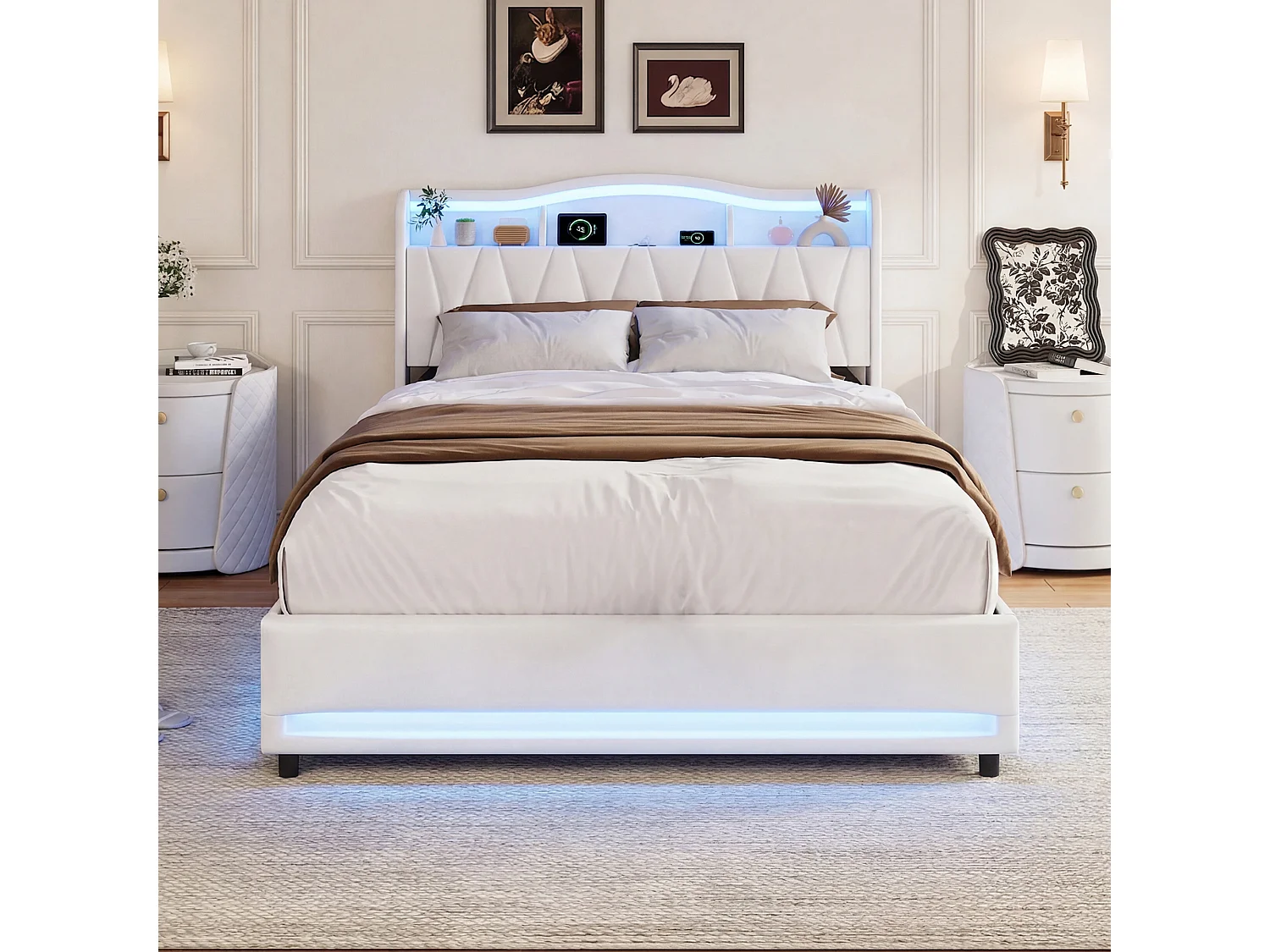 Lit Double 160 x 200 cm avec 4 Tiroirs, avec LED et Ports USB, Sommier à Lattes, Velours, Beige