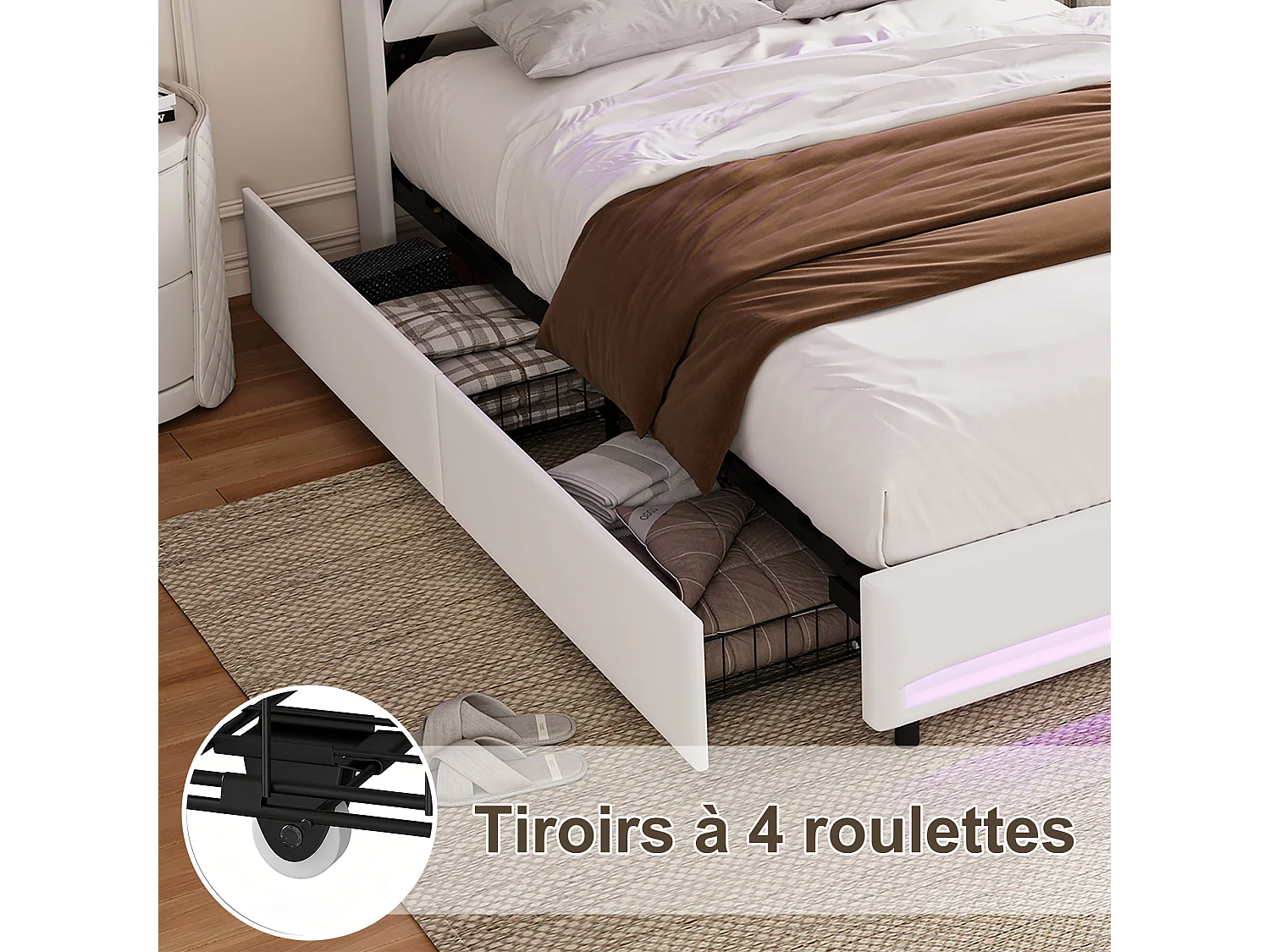 Lit Double 160 x 200 cm avec 4 Tiroirs, avec LED et Ports USB, Sommier à Lattes, Velours, Beige