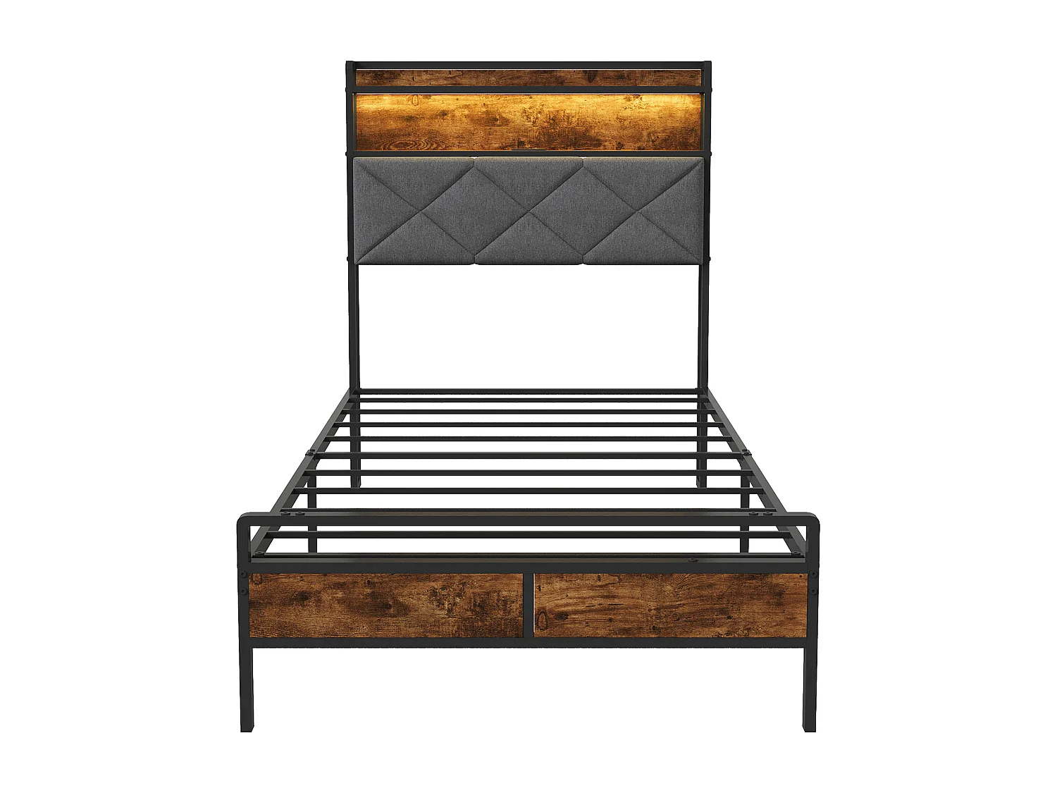 Lit en métal, 90 x 200 cm, avec LED et station de charge USB/type C sur la tête de lit, sommier à lattes, Noir