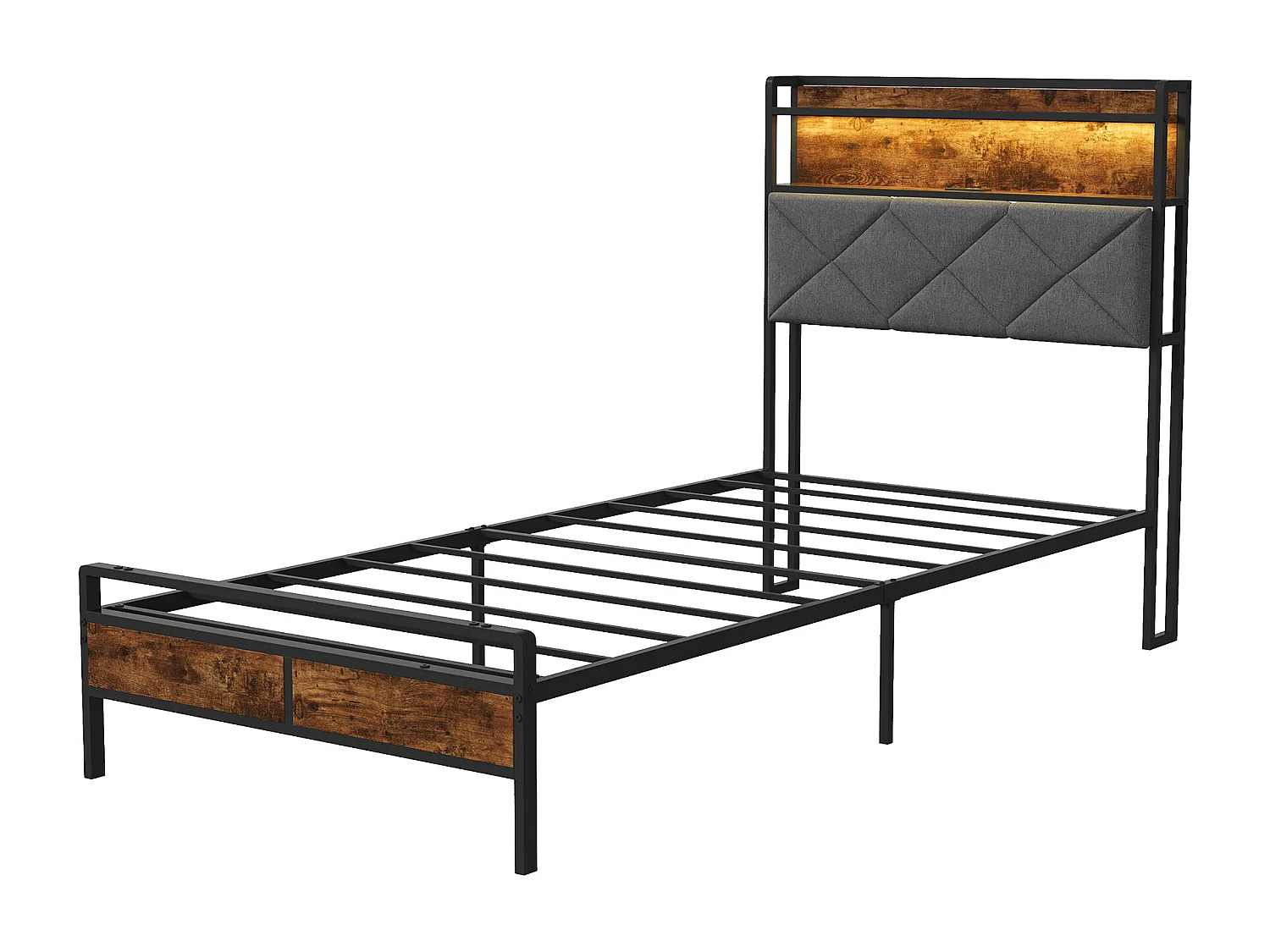 Lit en métal, 90 x 200 cm, avec LED et station de charge USB/type C sur la tête de lit, sommier à lattes, Noir