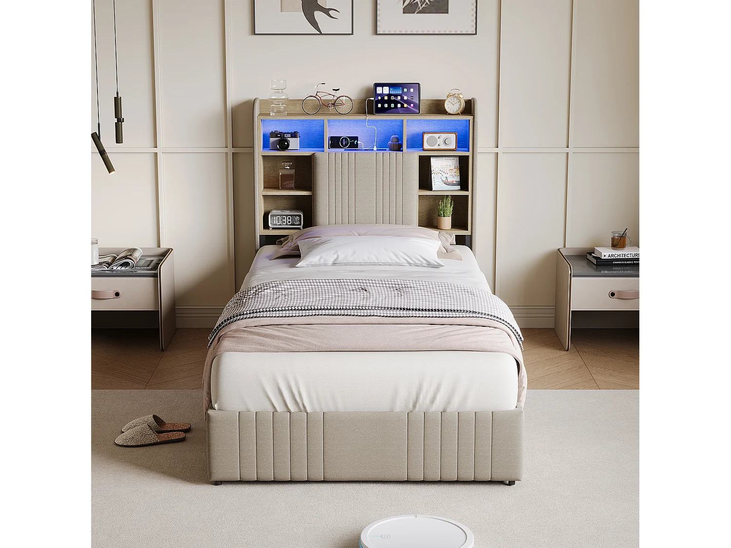 Lit simple 90x200 cm LED, lit rembourré avec rangement, 2 tiroirs et tête de lit compartimentée, Lin, Beige