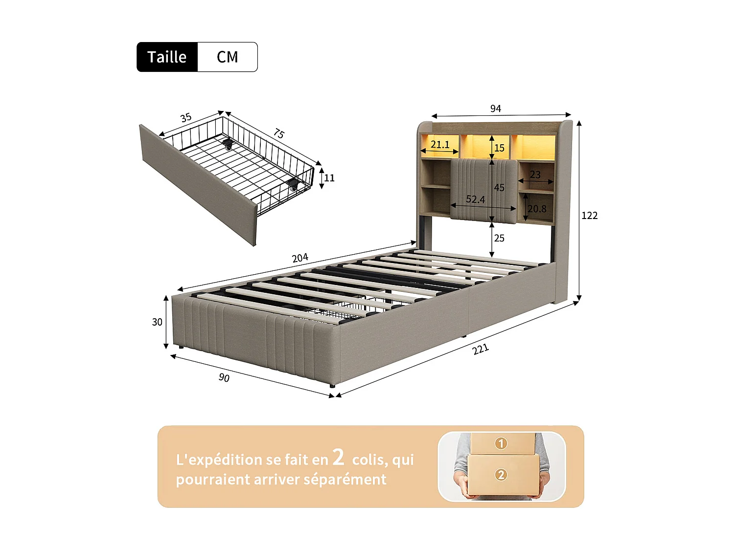 Lit simple 90x200 cm LED, lit rembourré avec rangement, 2 tiroirs et tête de lit compartimentée, Lin, Beige