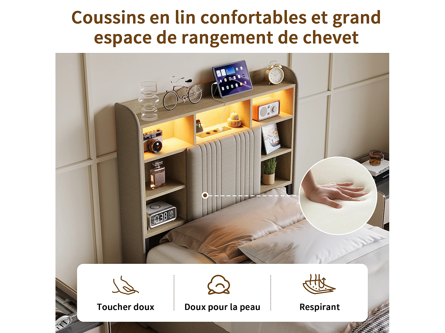 Lit simple 90x200 cm LED, lit rembourré avec rangement, 2 tiroirs et tête de lit compartimentée, Lin, Beige