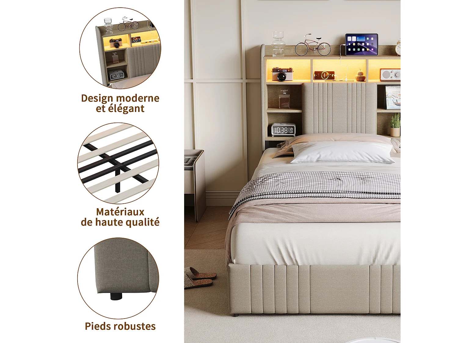 Lit simple 90x200 cm LED, lit rembourré avec rangement, 2 tiroirs et tête de lit compartimentée, Lin, Beige