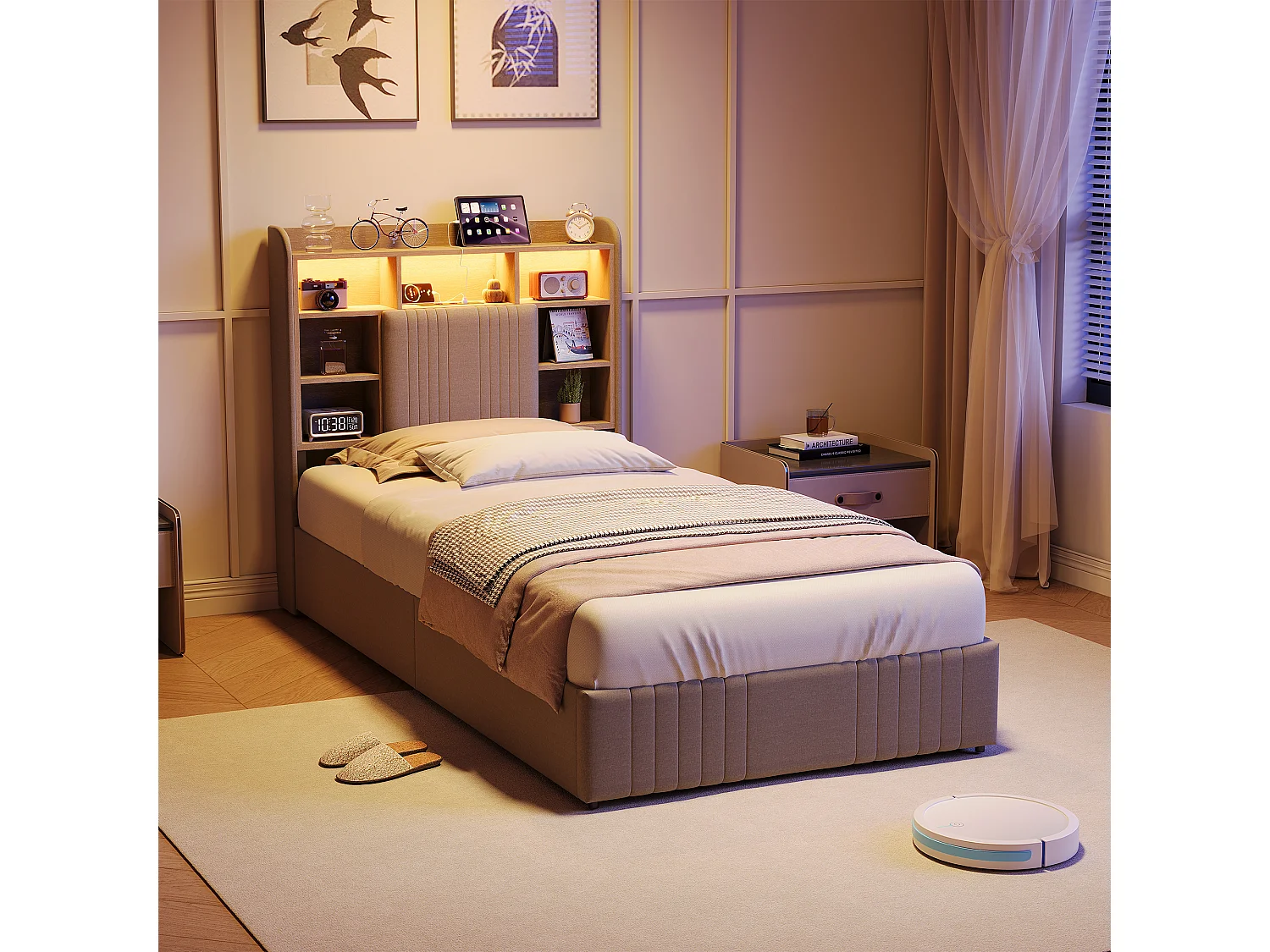 Lit simple 90x200 cm LED, lit rembourré avec rangement, 2 tiroirs et tête de lit compartimentée, Lin, Beige