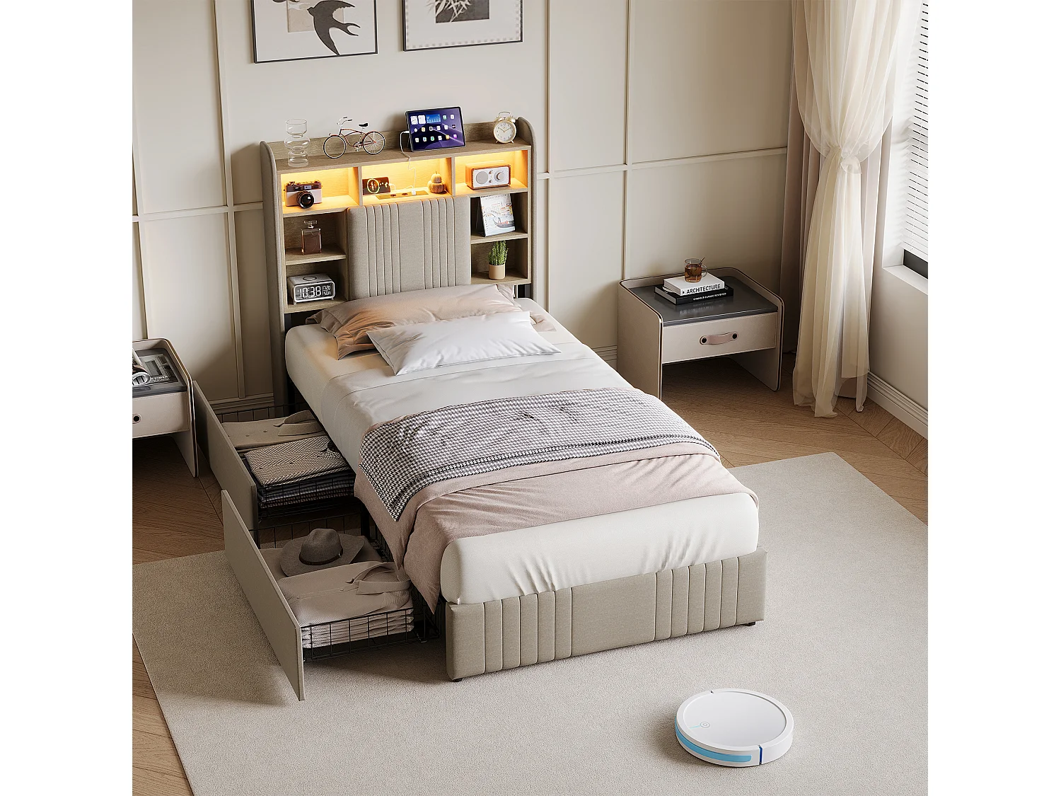 Lit simple 90x200 cm LED, lit rembourré avec rangement, 2 tiroirs et tête de lit compartimentée, Lin, Beige