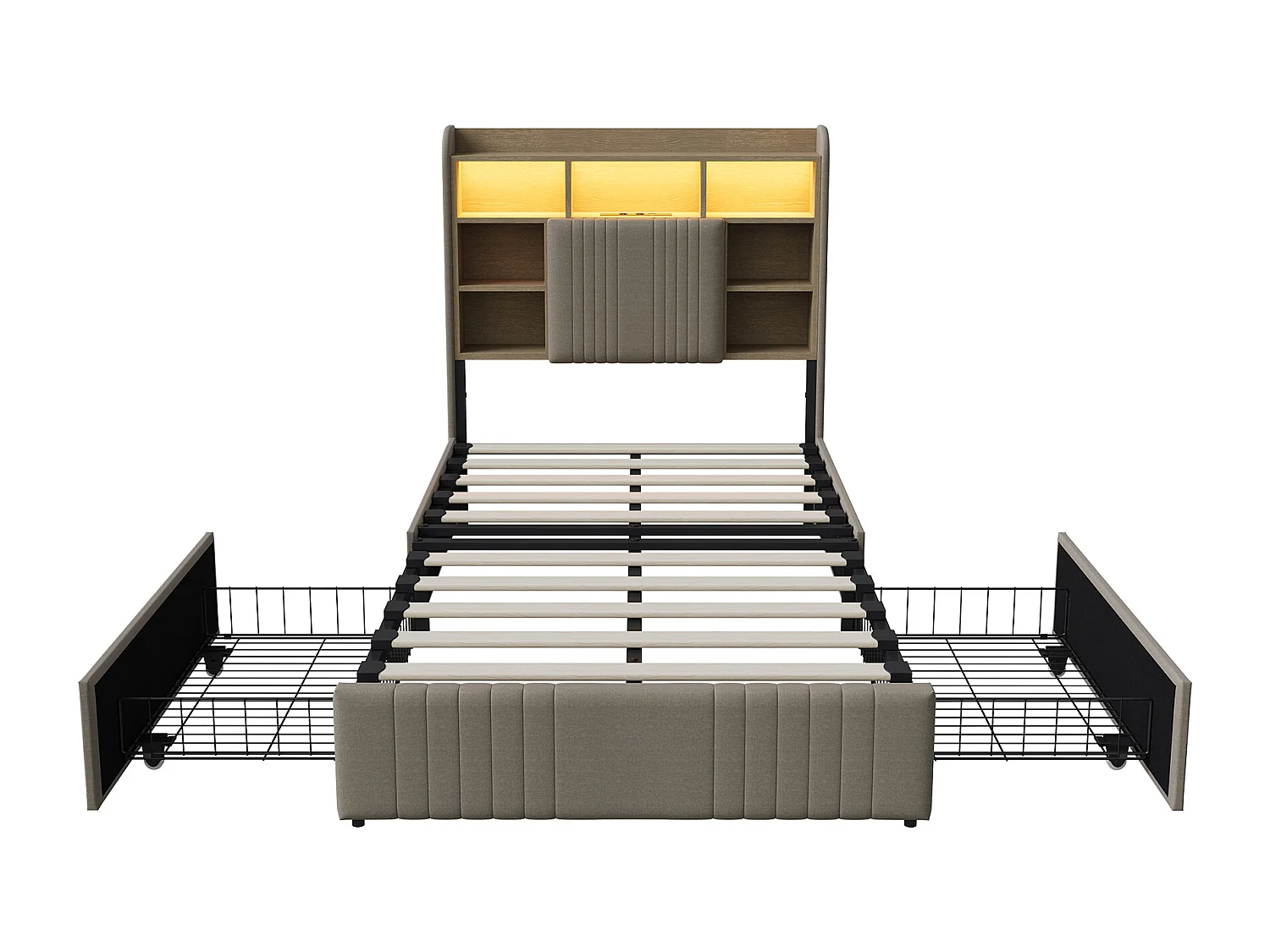 Lit simple 90x200 cm LED, lit rembourré avec rangement, 2 tiroirs et tête de lit compartimentée, Lin, Beige