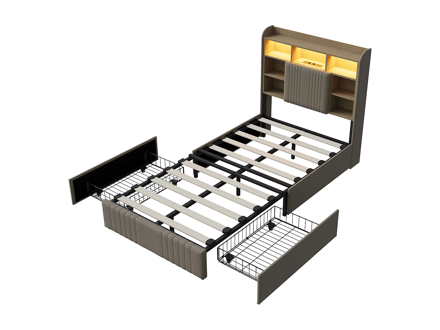 Lit simple 90x200 cm LED, lit rembourré avec rangement, 2 tiroirs et tête de lit compartimentée, Lin, Beige