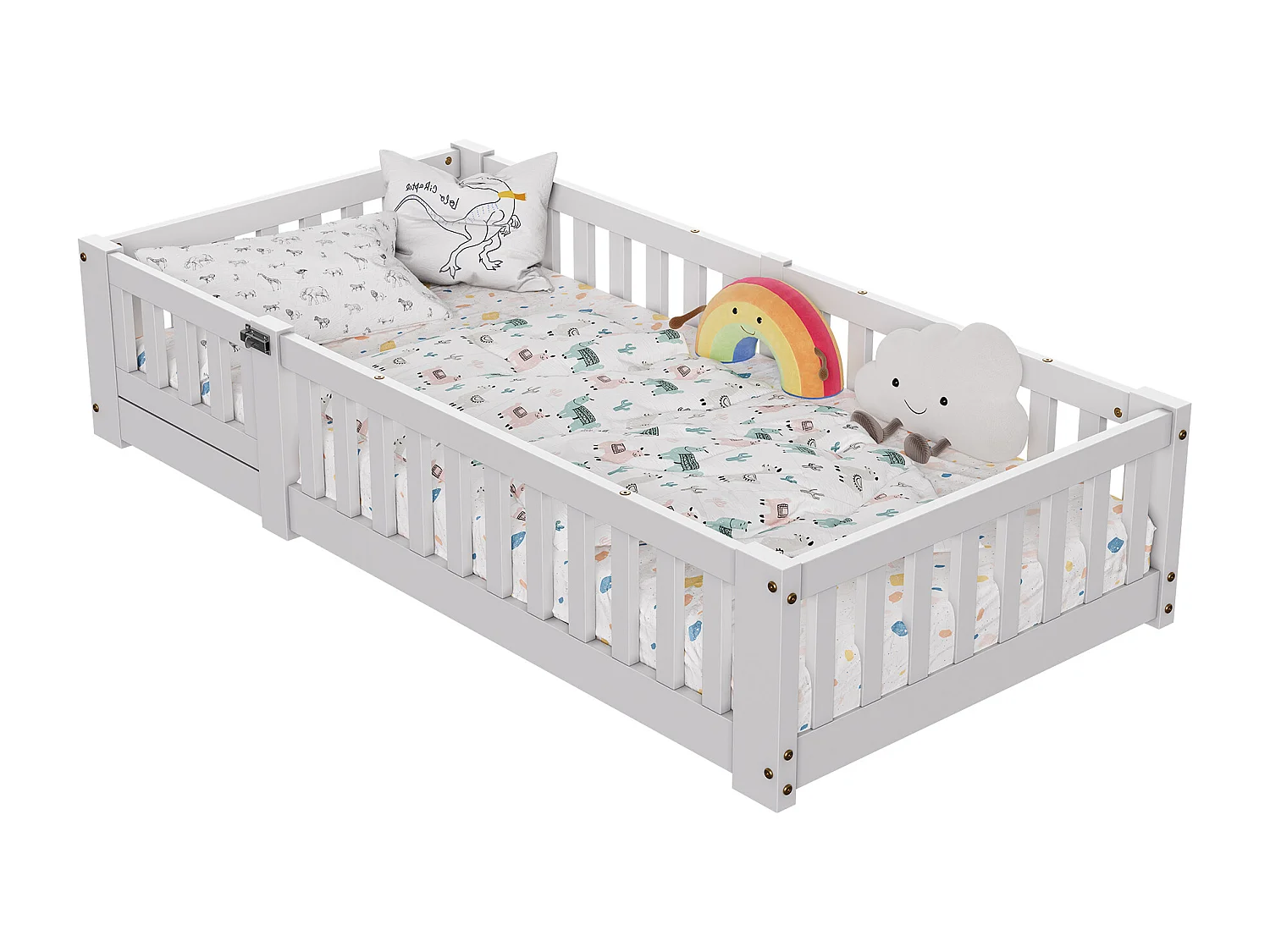 Lit Enfant 80 x 160 cm, avec Barrière de Sécurité et Sommier à Lattes,lit Montessori,Bois Massif Pin, Blanc