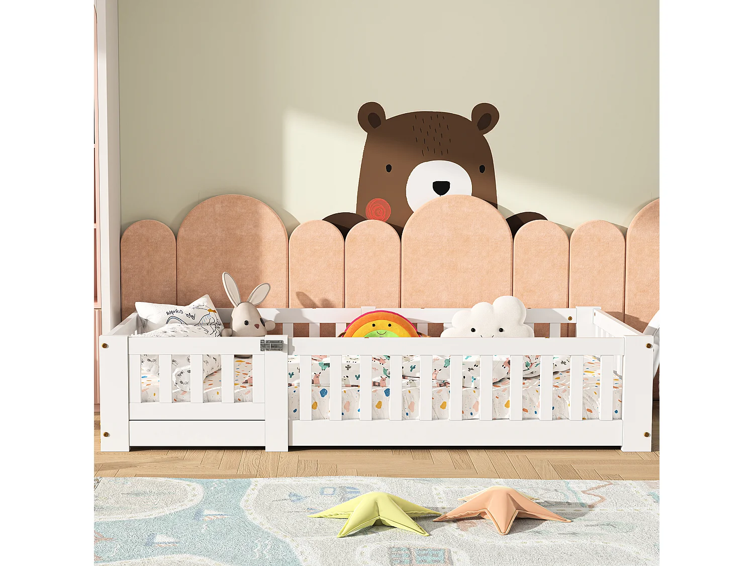 Lit Enfant 80 x 160 cm, avec Barrière de Sécurité et Sommier à Lattes,lit Montessori,Bois Massif Pin, Blanc