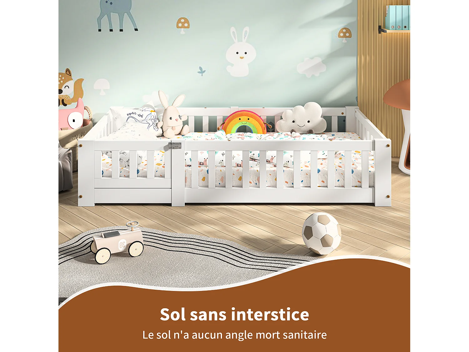 Lit Enfant 80 x 160 cm, avec Barrière de Sécurité et Sommier à Lattes,lit Montessori,Bois Massif Pin, Blanc