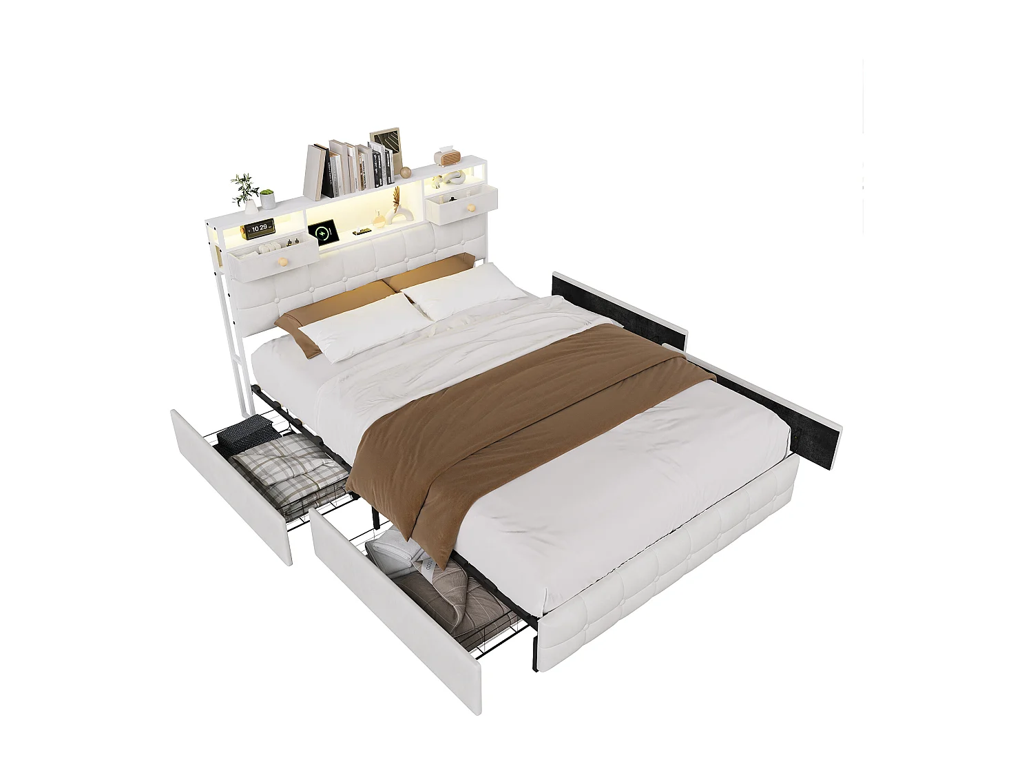 Lit Double 160 x 200 cm avec 4 Tiroirs, Lit Rembourré avec LED et Ports USB, Sommier à Lattes, Velours, Beige