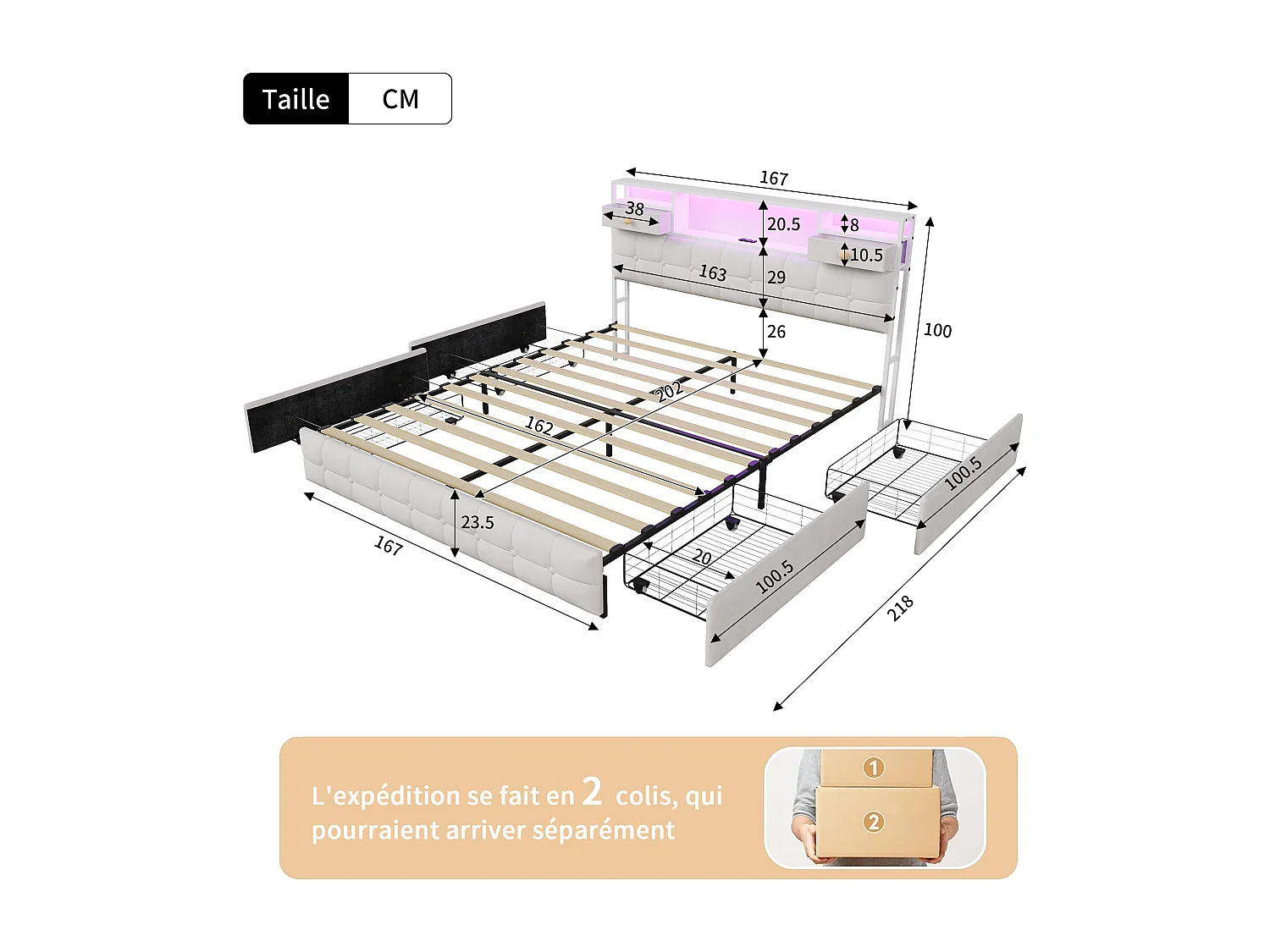 Lit Double 160 x 200 cm avec 4 Tiroirs, Lit Rembourré avec LED et Ports USB, Sommier à Lattes, Velours, Beige