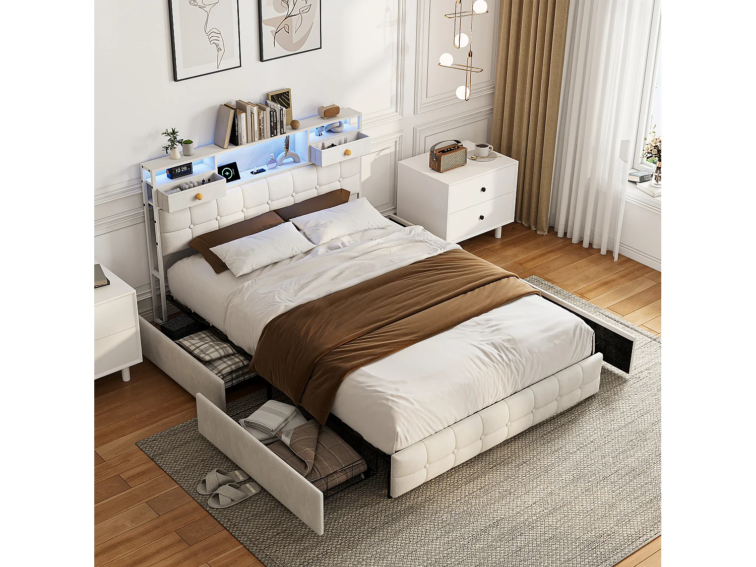 Lit Double 160 x 200 cm avec 4 Tiroirs, Lit Rembourré avec LED et Ports USB, Sommier à Lattes, Velours, Beige