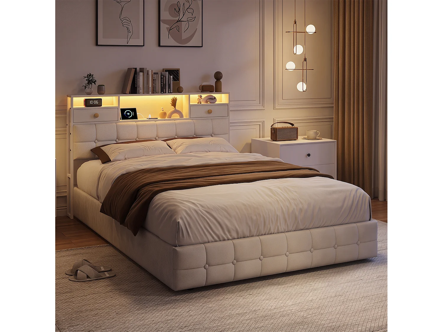 Lit Double 160 x 200 cm avec 4 Tiroirs, Lit Rembourré avec LED et Ports USB, Sommier à Lattes, Velours, Beige