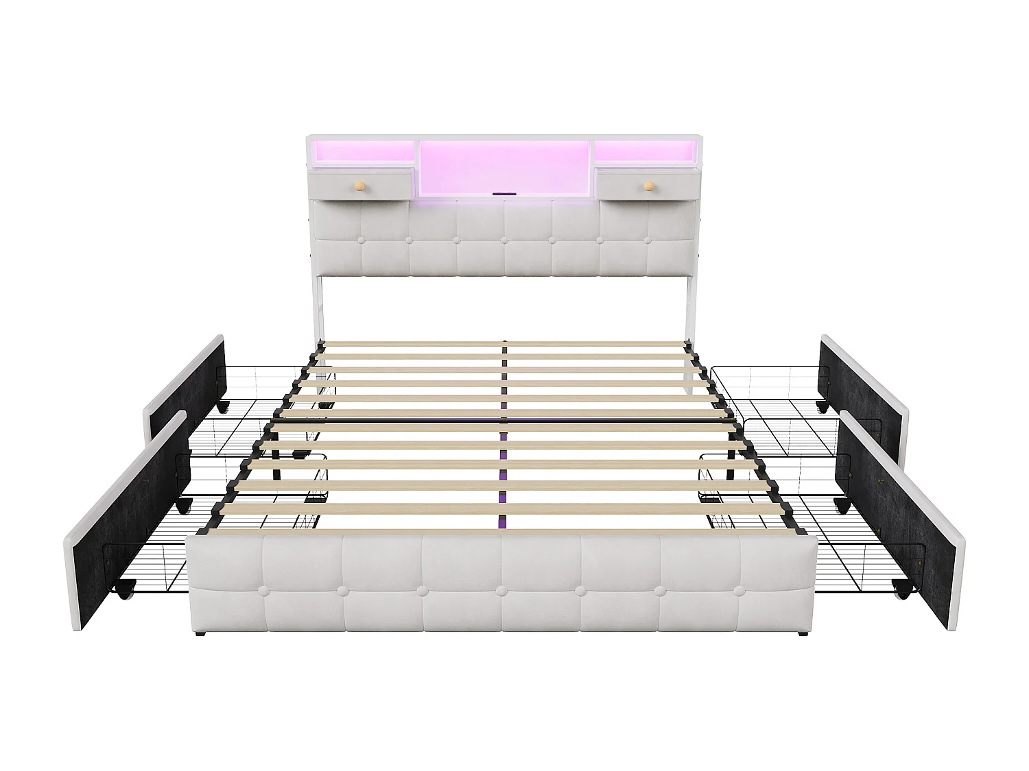 Lit Double 160 x 200 cm avec 4 Tiroirs, Lit Rembourré avec LED et Ports USB, Sommier à Lattes, Velours, Beige