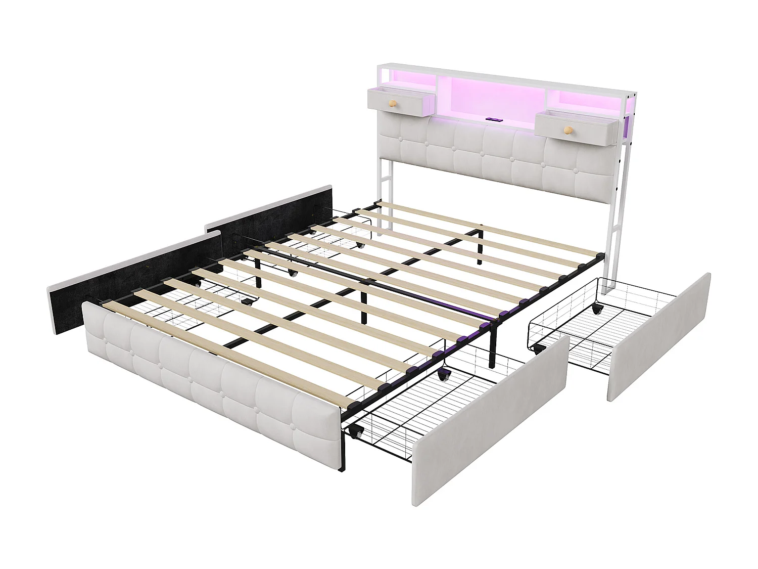 Lit Double 160 x 200 cm avec 4 Tiroirs, Lit Rembourré avec LED et Ports USB, Sommier à Lattes, Velours, Beige