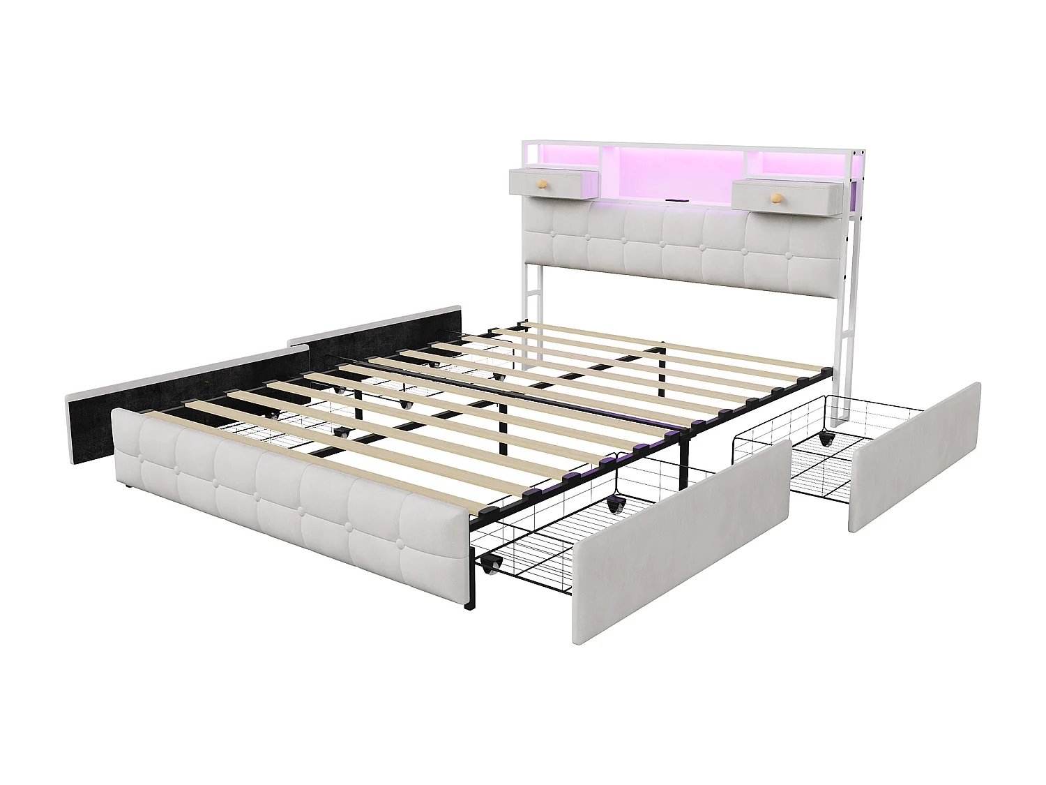 Lit Double 160 x 200 cm avec 4 Tiroirs, Lit Rembourré avec LED et Ports USB, Sommier à Lattes, Velours, Beige